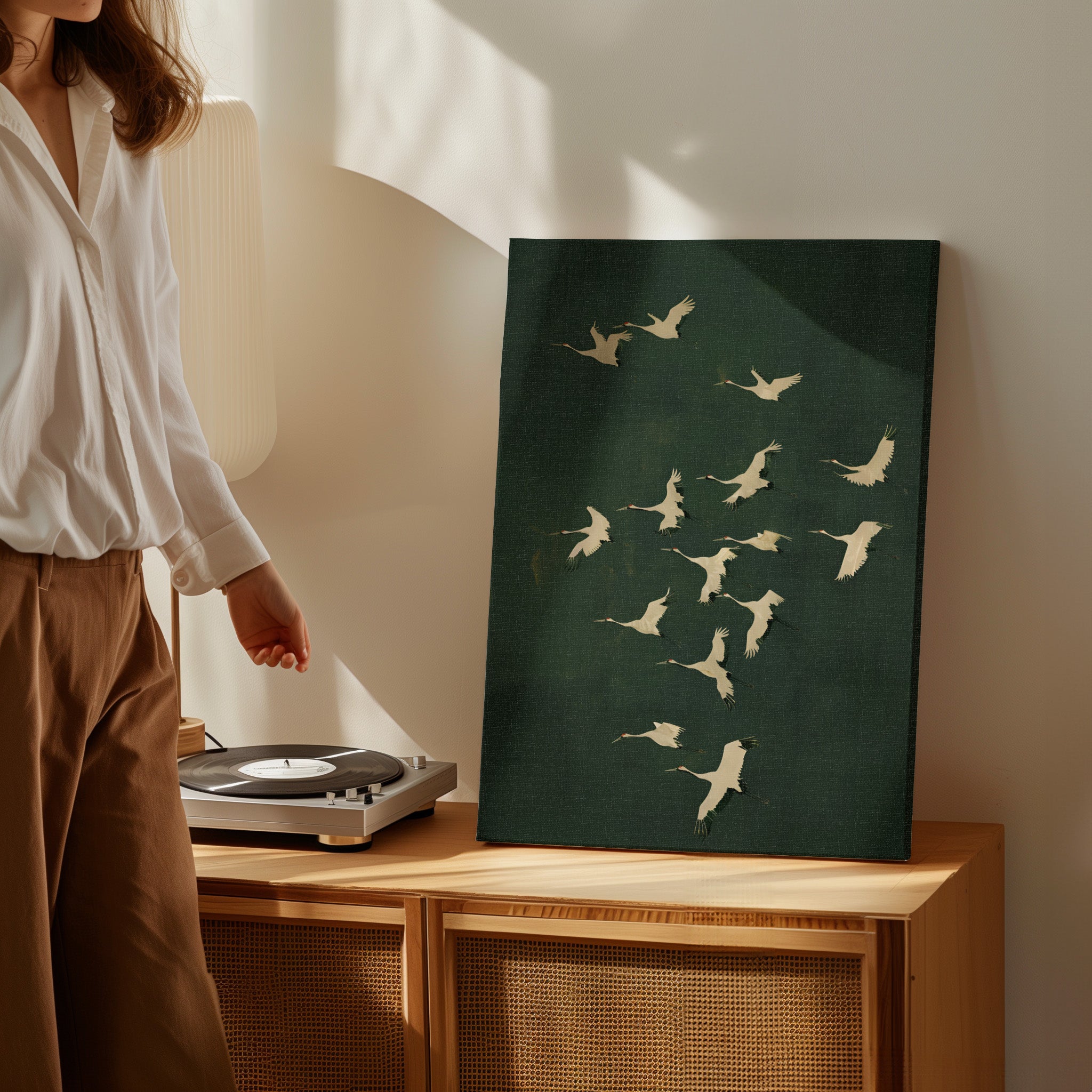 .75" Matte Canvas - Emerald Sky Japanese Cranes