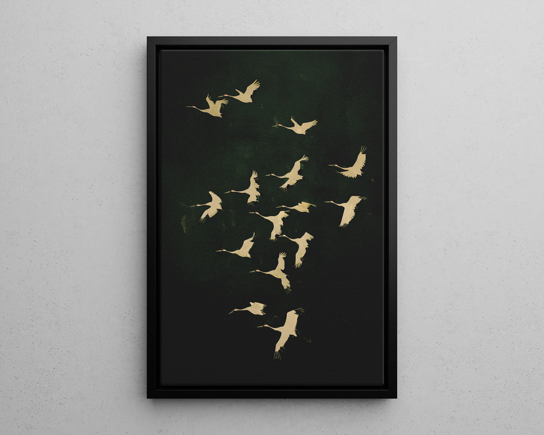 Framed Canvas - Emerald Sky Japanese Cranes