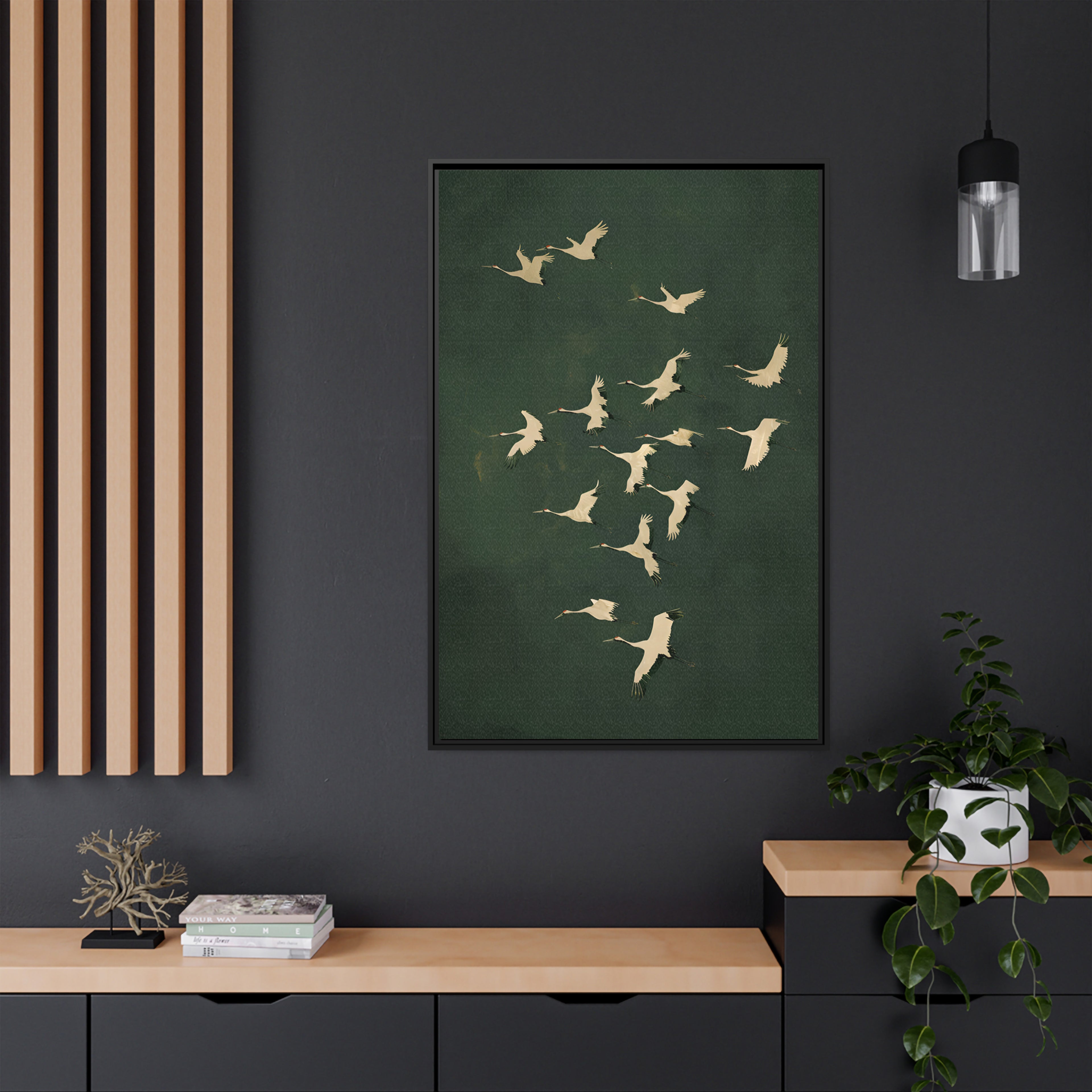 Framed Canvas - Emerald Sky Japanese Cranes