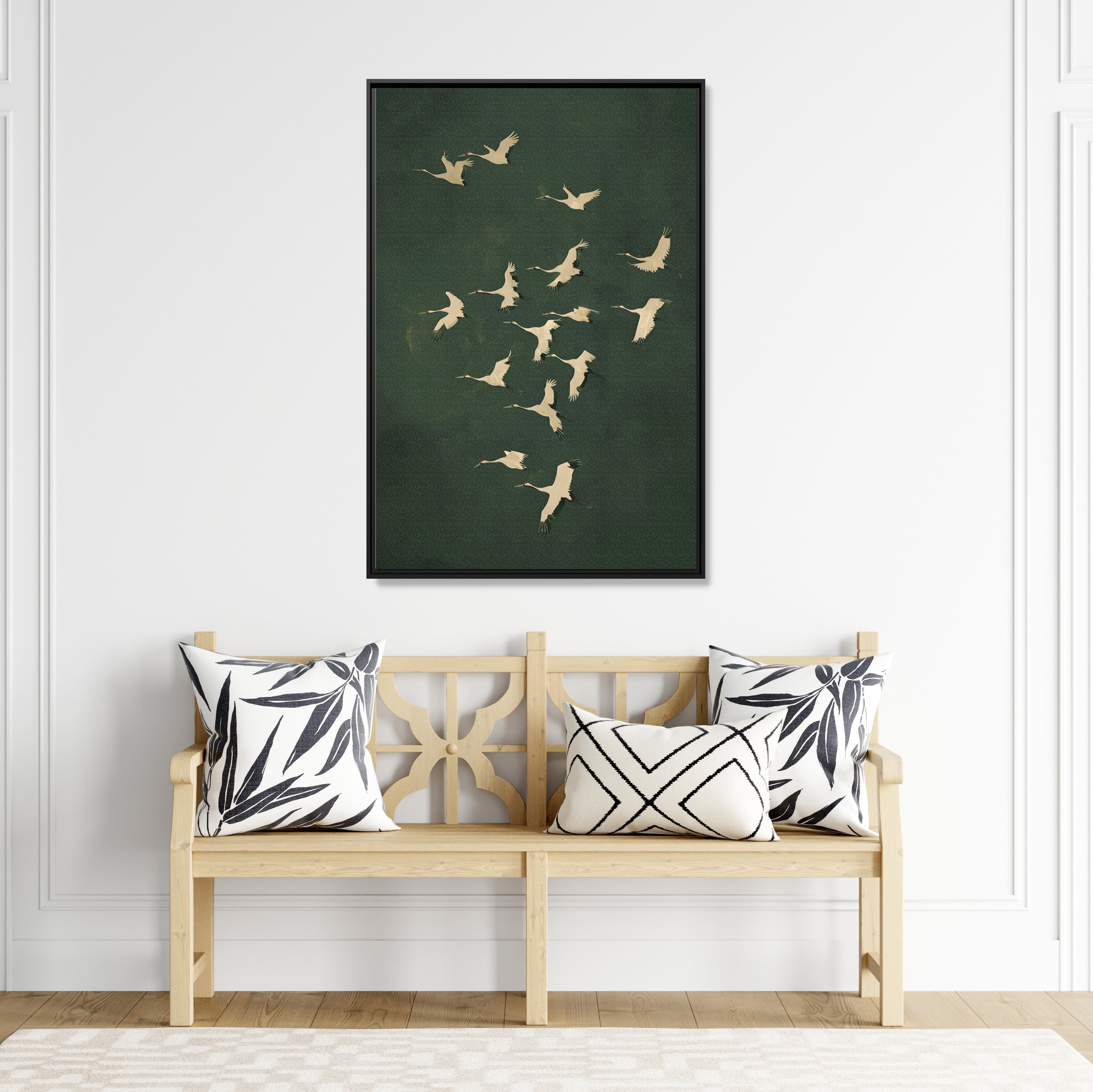 Framed Canvas - Emerald Sky Japanese Cranes