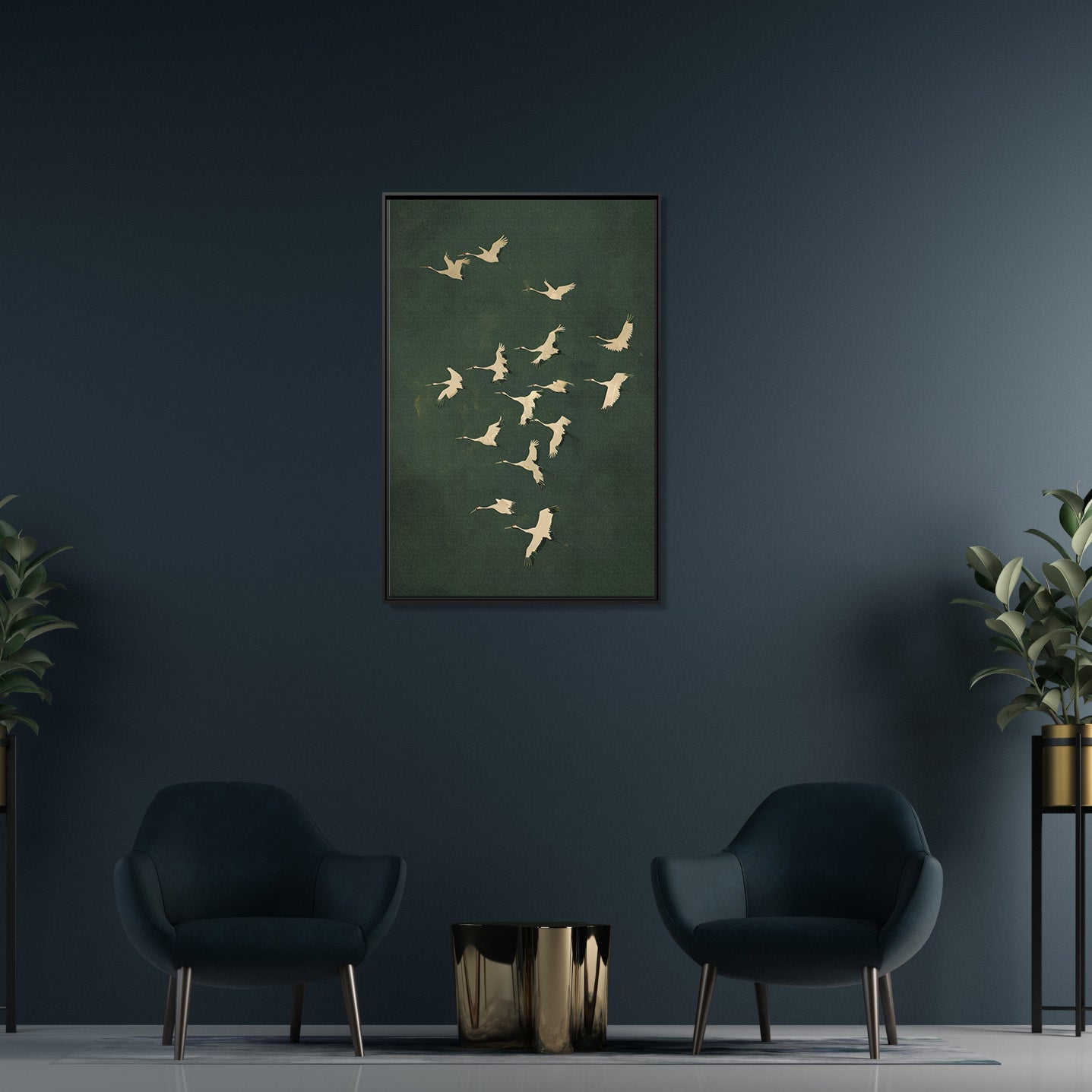 Framed Canvas - Emerald Sky Japanese Cranes