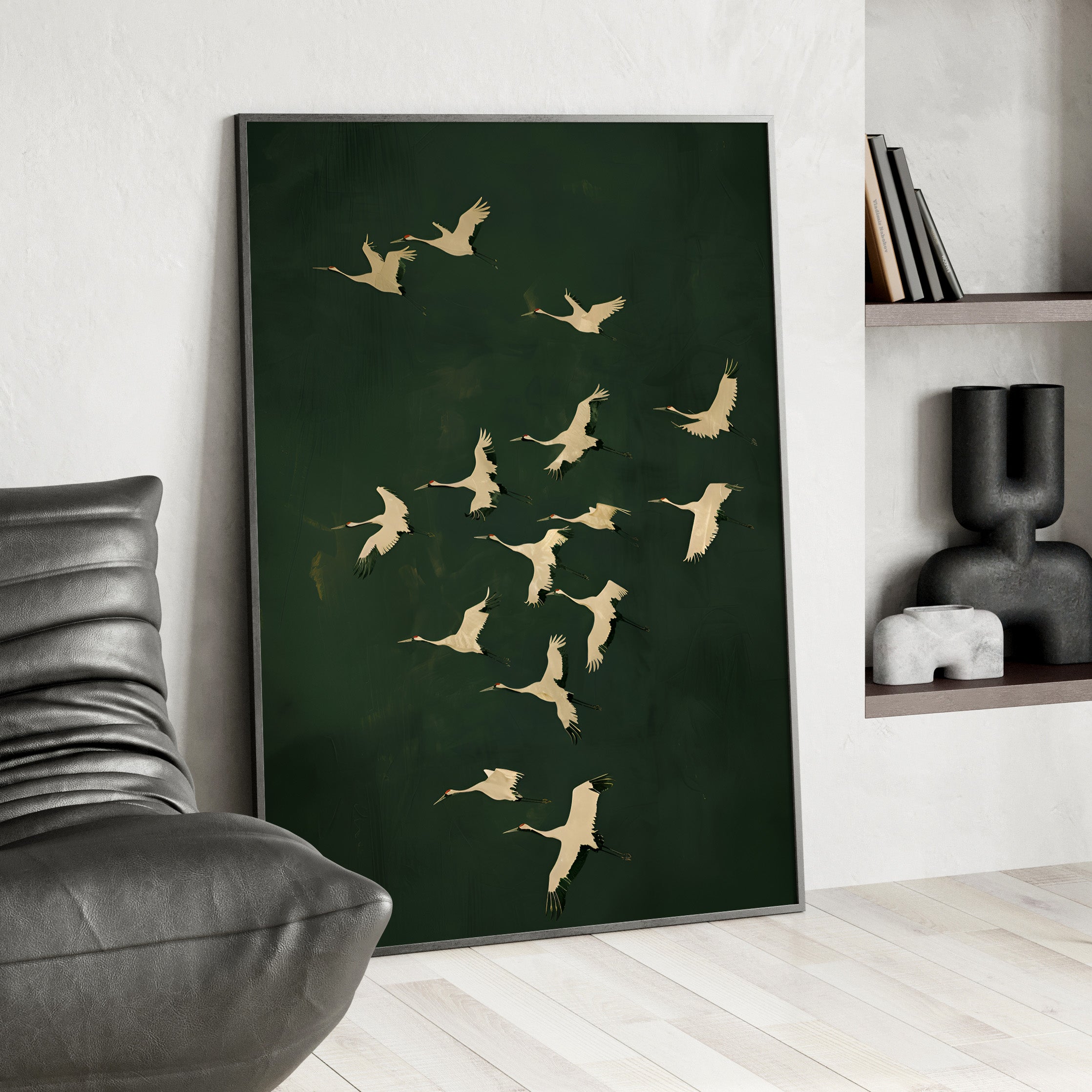 Framed Paper Print - Emerald Sky Japanese Cranes