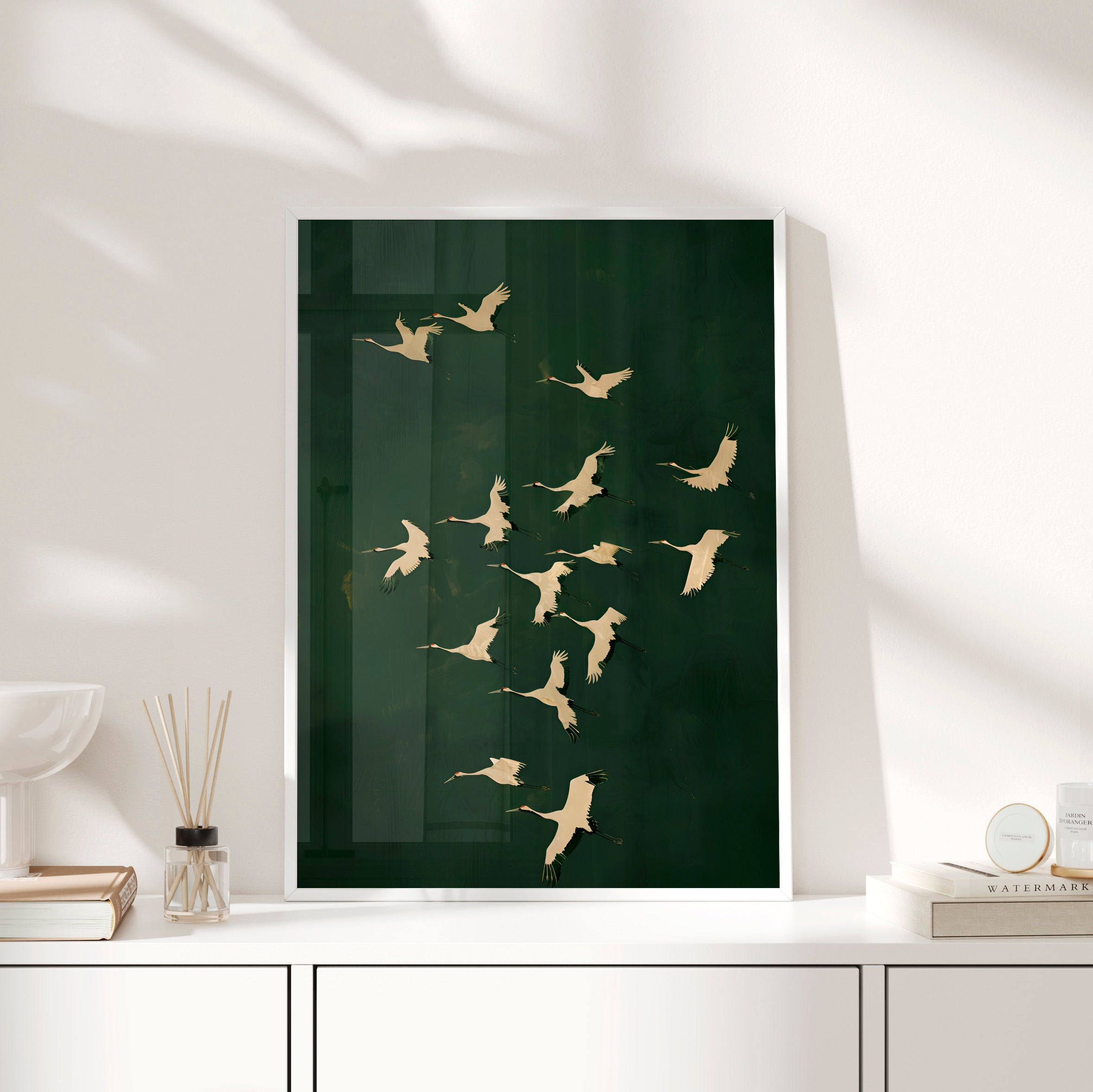 Framed Paper Print - Emerald Sky Japanese Cranes
