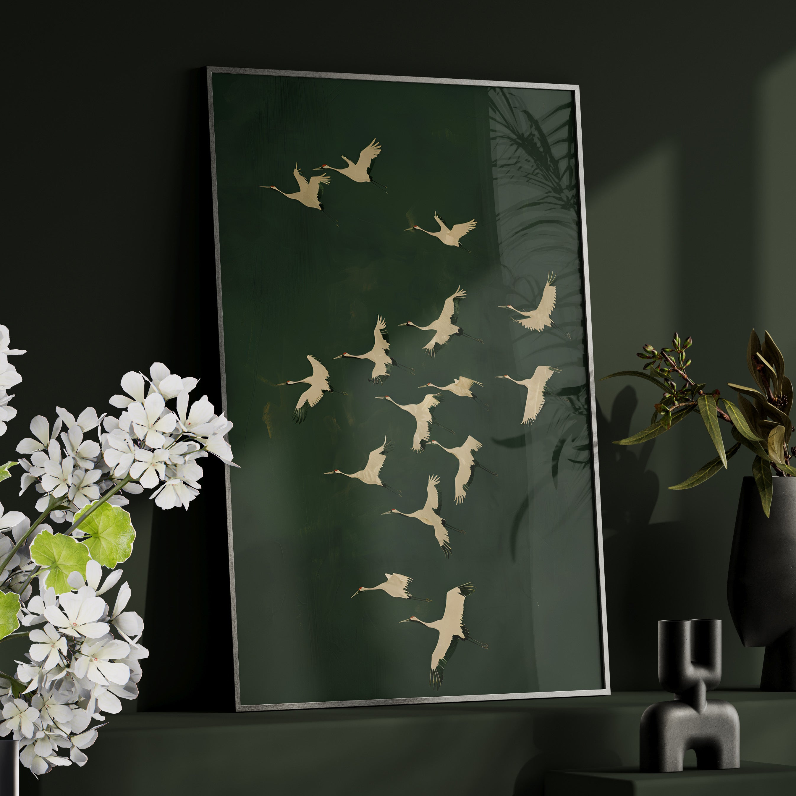 Framed Paper Print - Emerald Sky Japanese Cranes