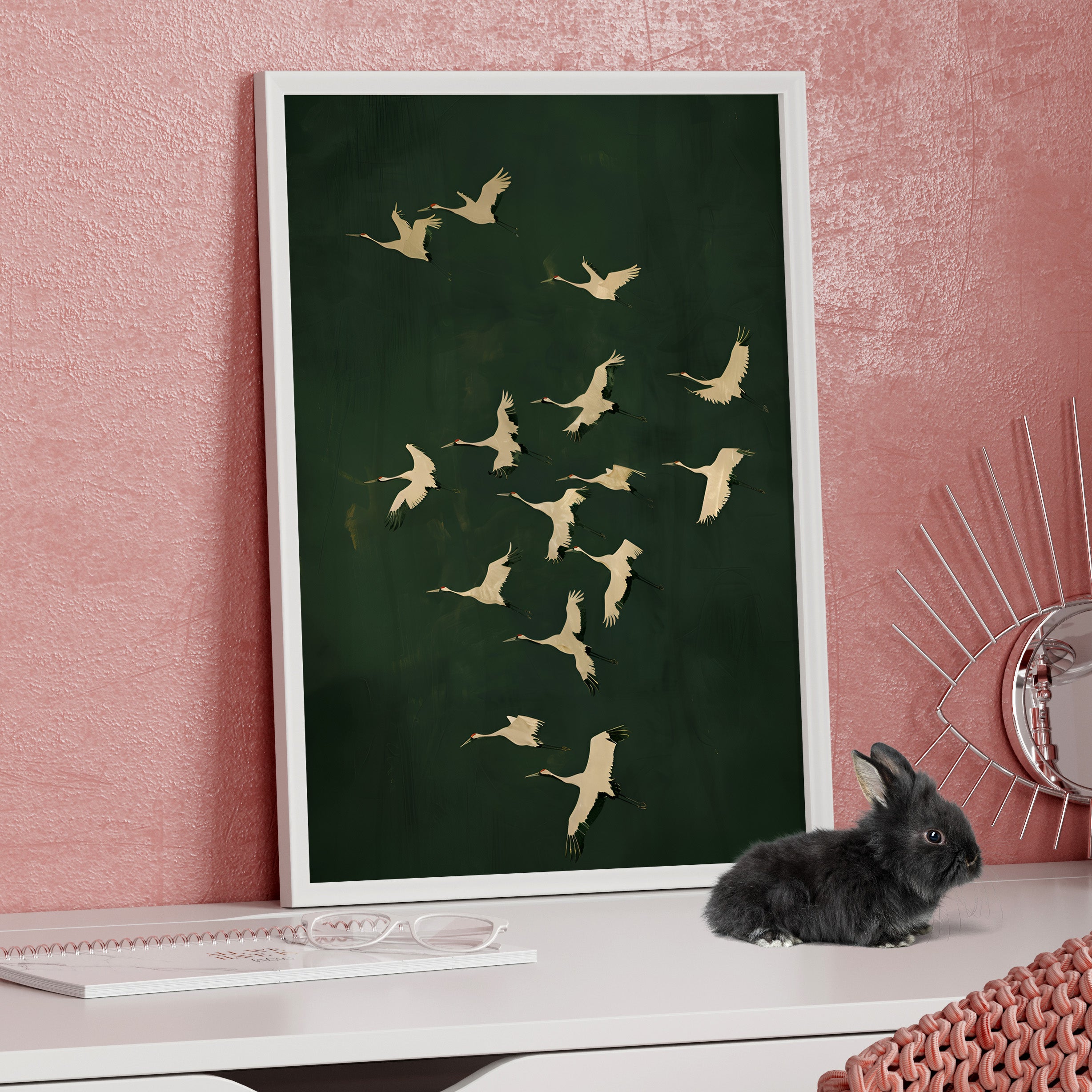 Framed Paper Print - Emerald Sky Japanese Cranes
