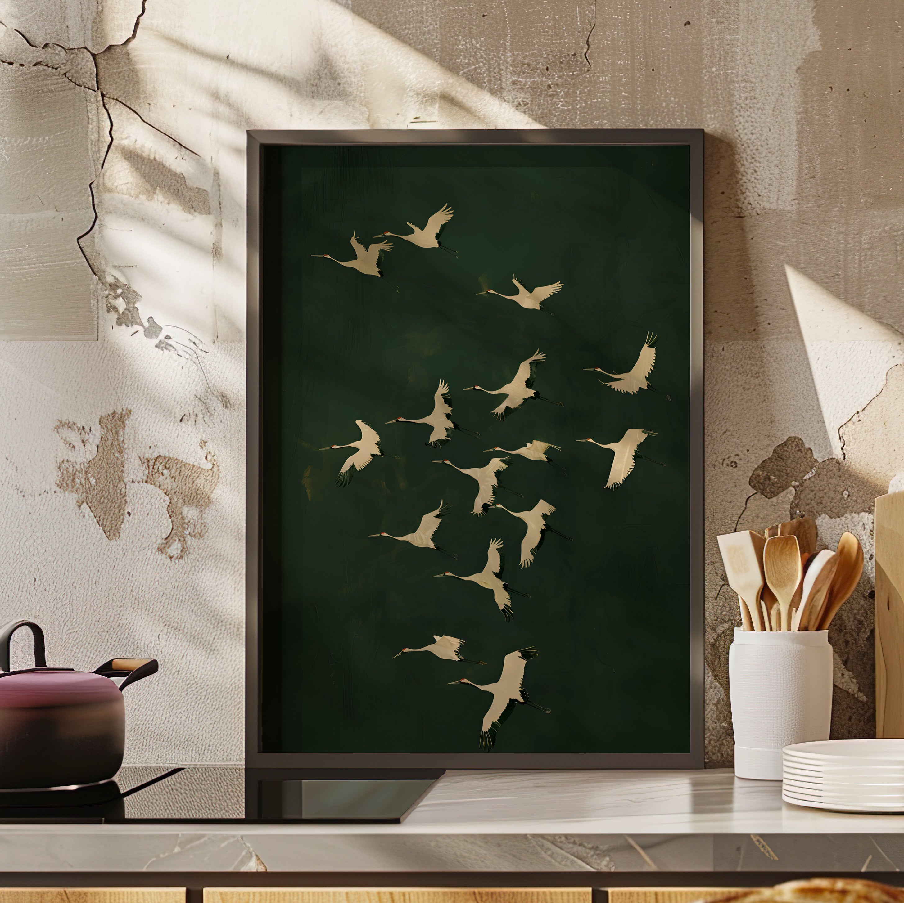 Framed Paper Print - Emerald Sky Japanese Cranes