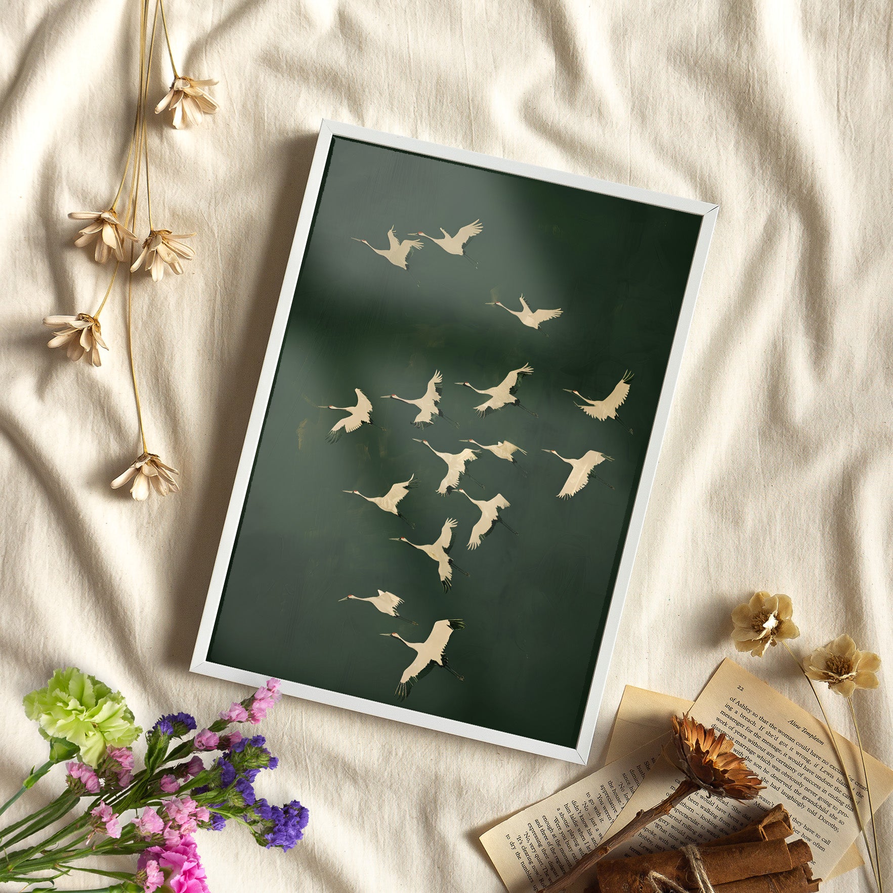 Framed Paper Print - Emerald Sky Japanese Cranes