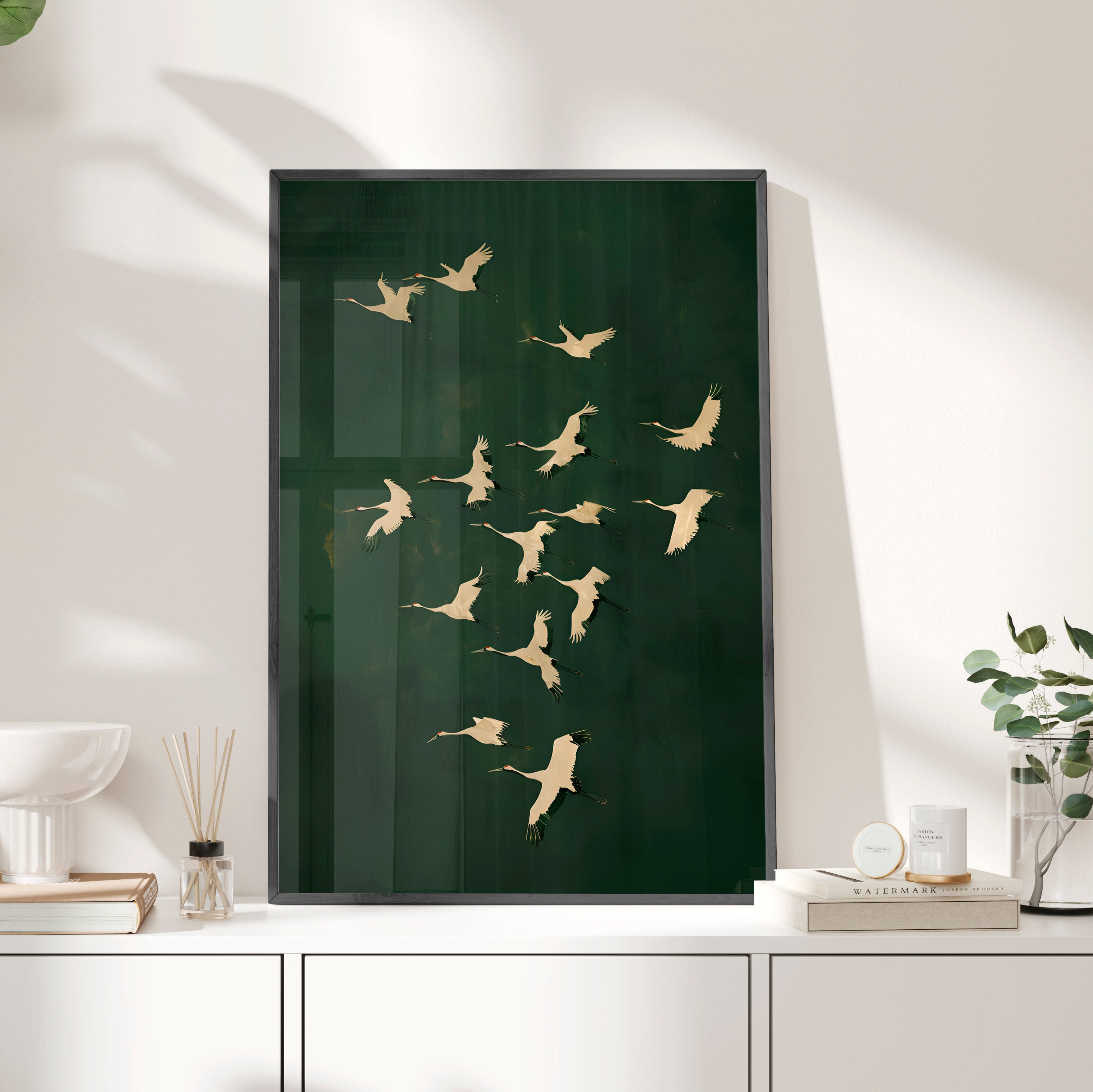 Framed Paper Print - Emerald Sky Japanese Cranes
