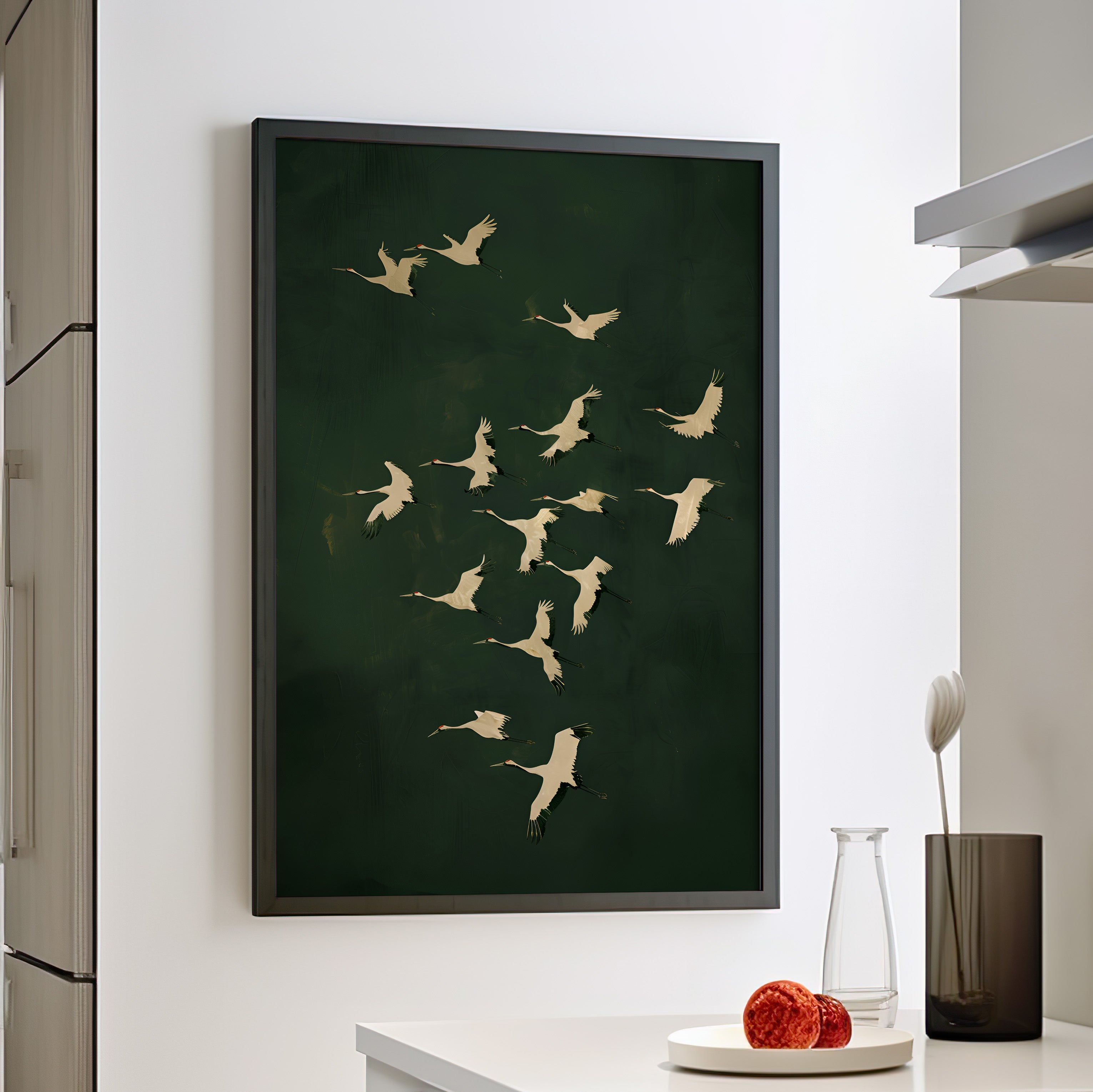 Framed Paper Print - Emerald Sky Japanese Cranes