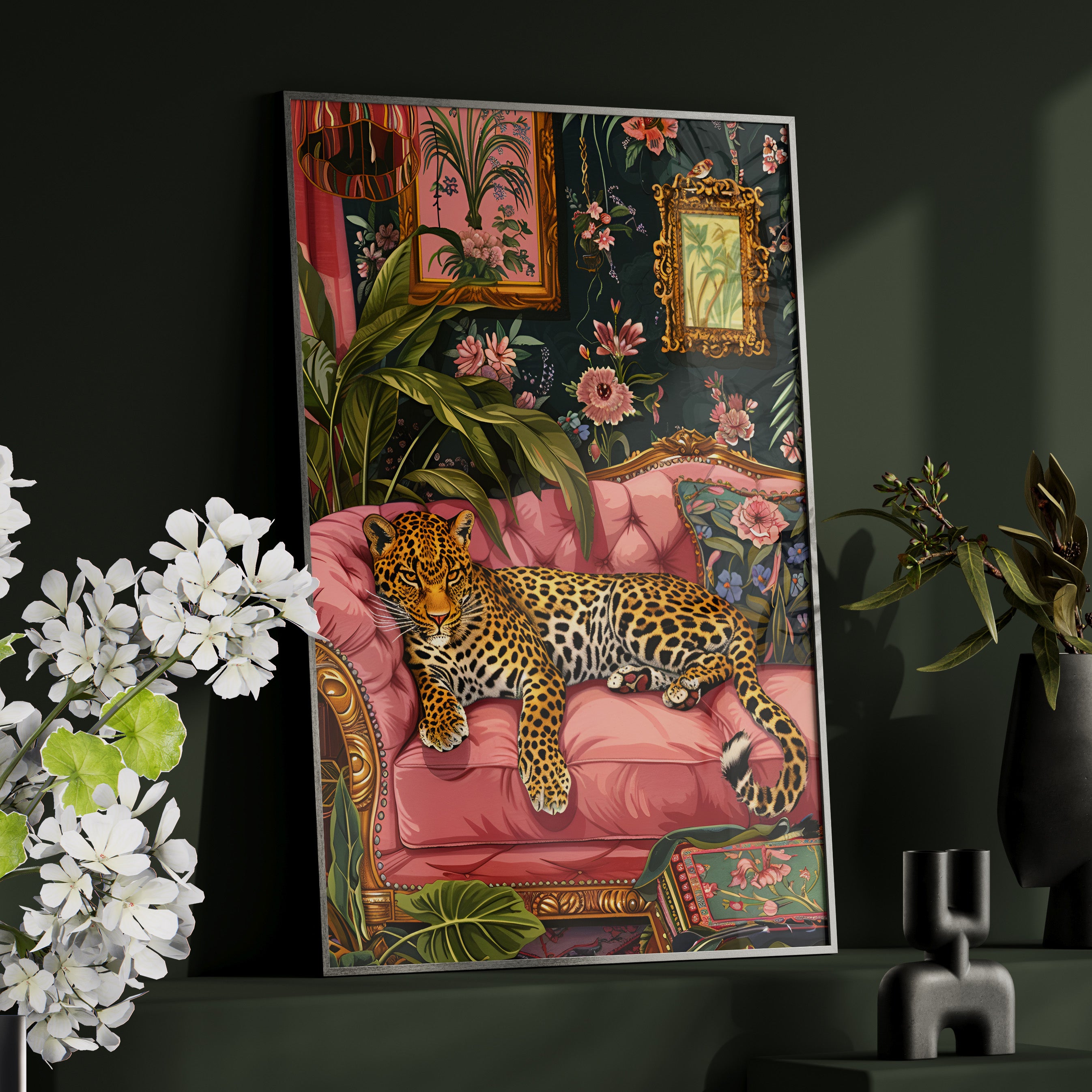 Framed Paper Print - Leopard Lounge in Bloom
