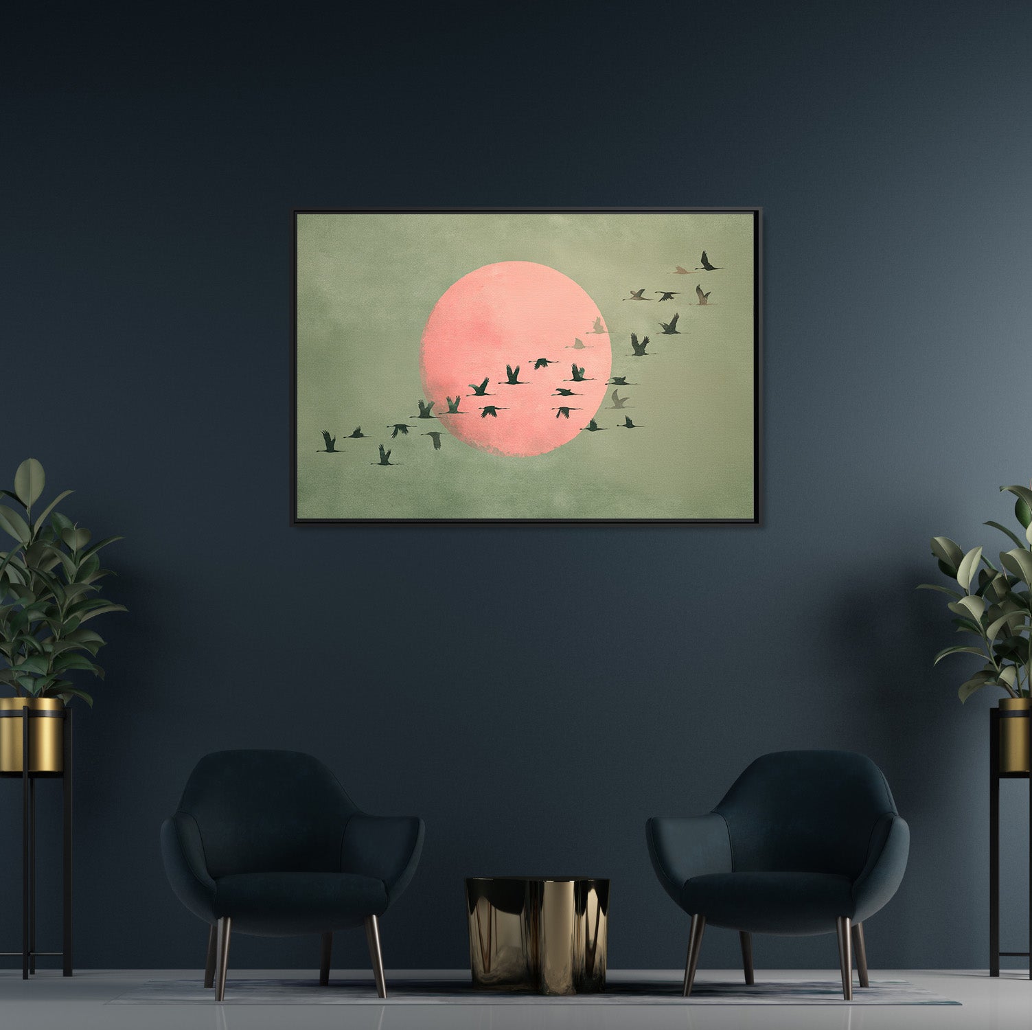 Framed Canvas - Blush Moon Bird Migration