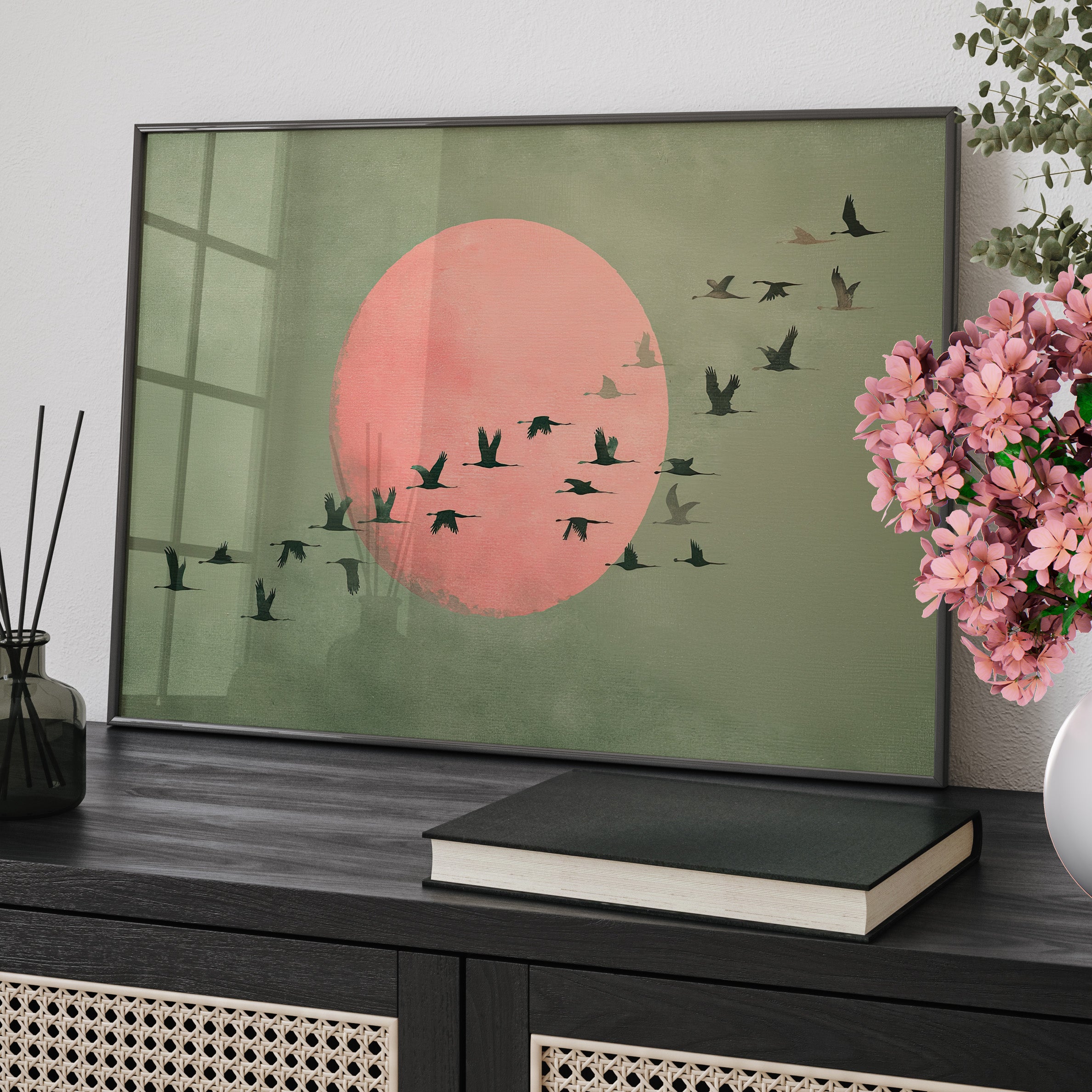 Framed Paper Print - Blush Moon Bird Migration