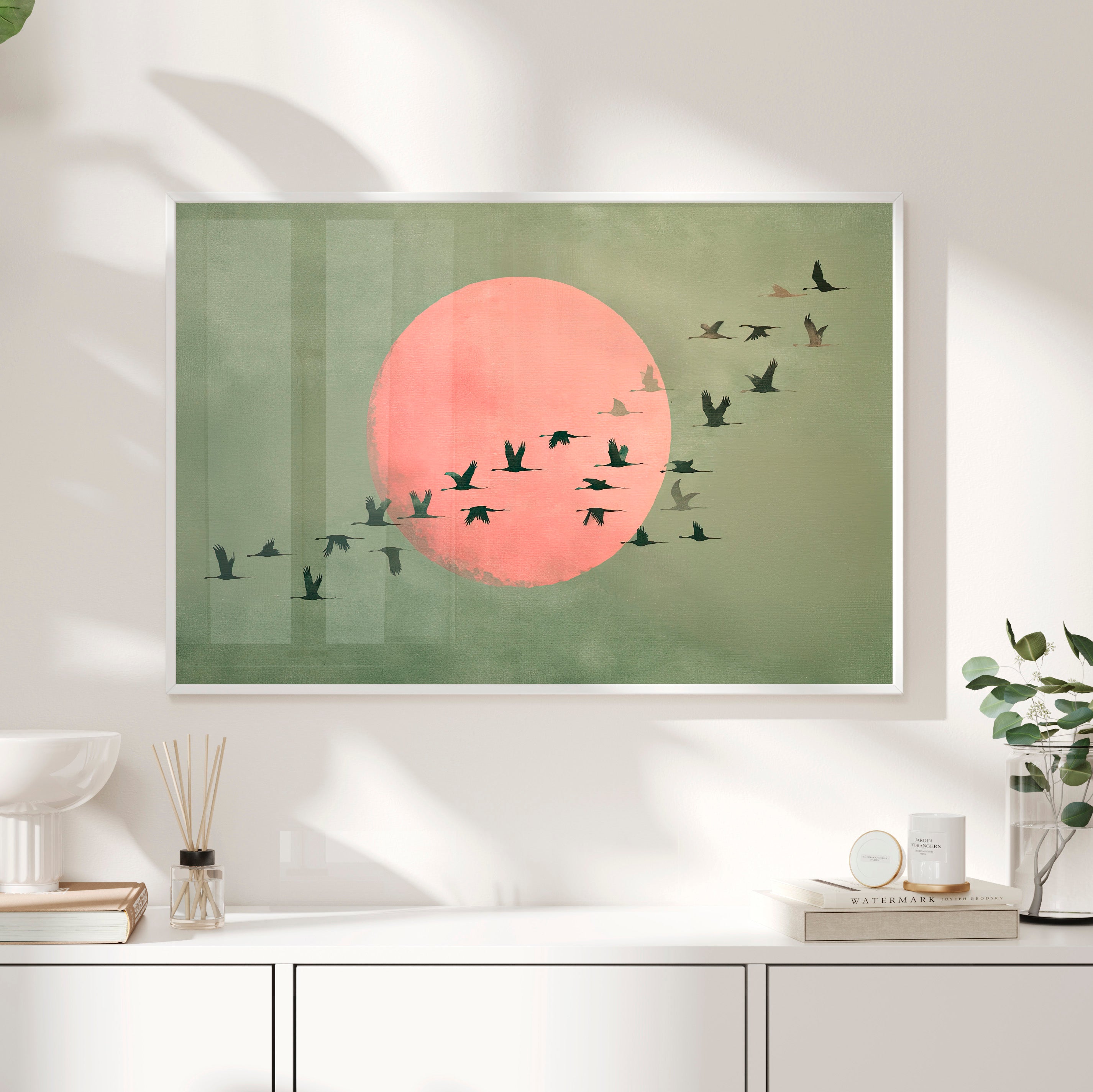 Framed Paper Print - Blush Moon Bird Migration