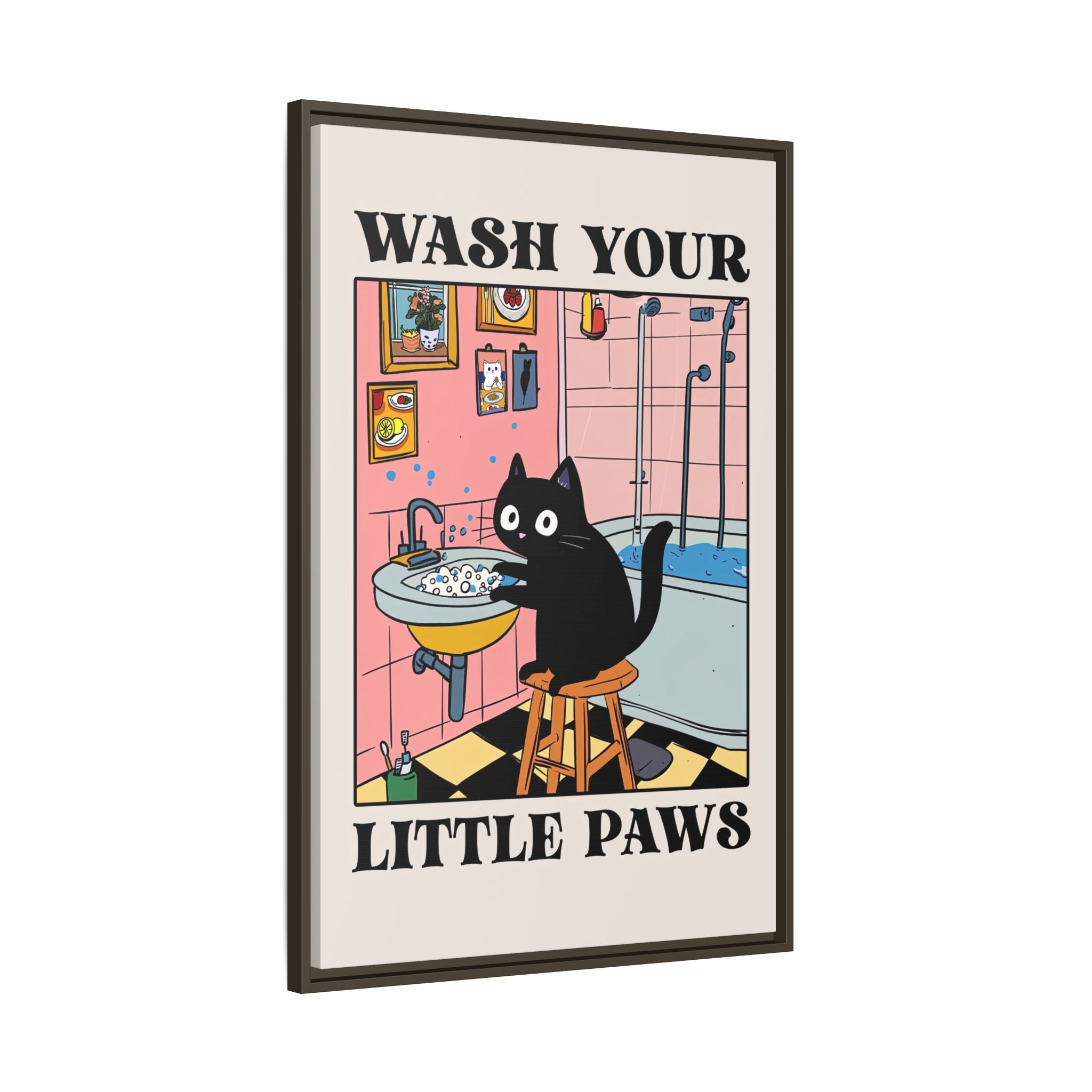 Framed Canvas - Wash Your Little Paws Cat
