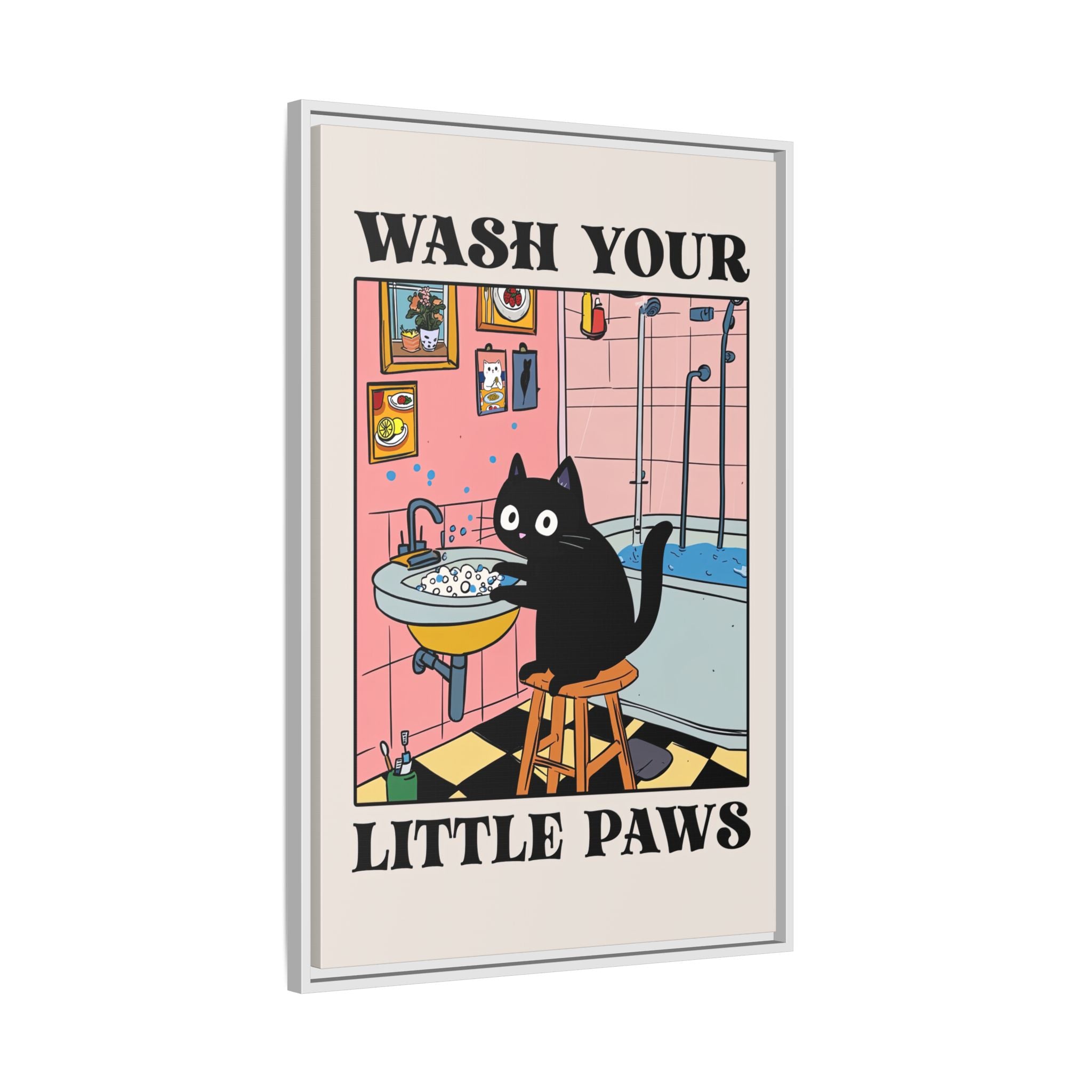 Framed Canvas - Wash Your Little Paws Cat