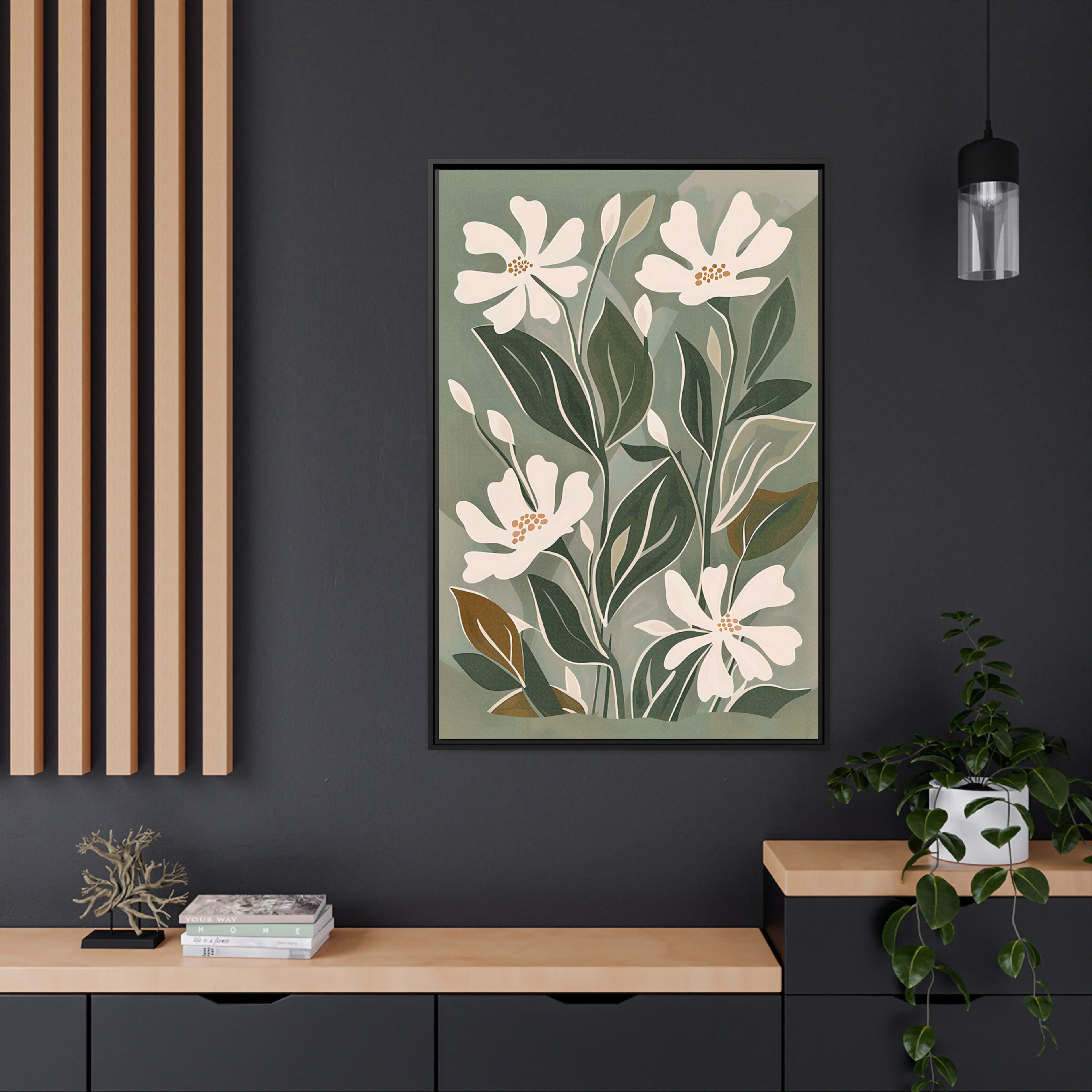 Framed Canvas - Cream Blooms on Sage Leaves
