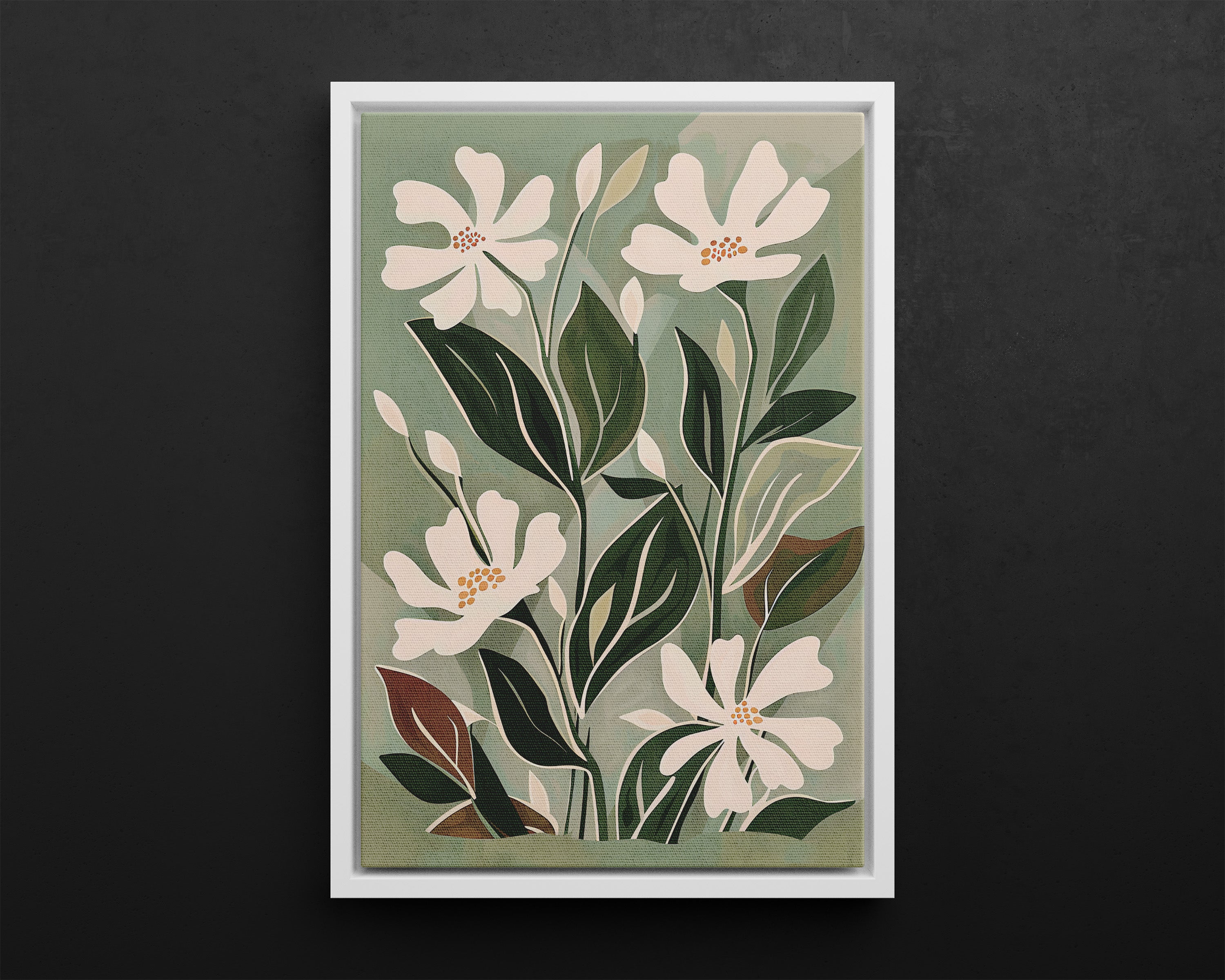 Framed Canvas - Cream Blooms on Sage Leaves