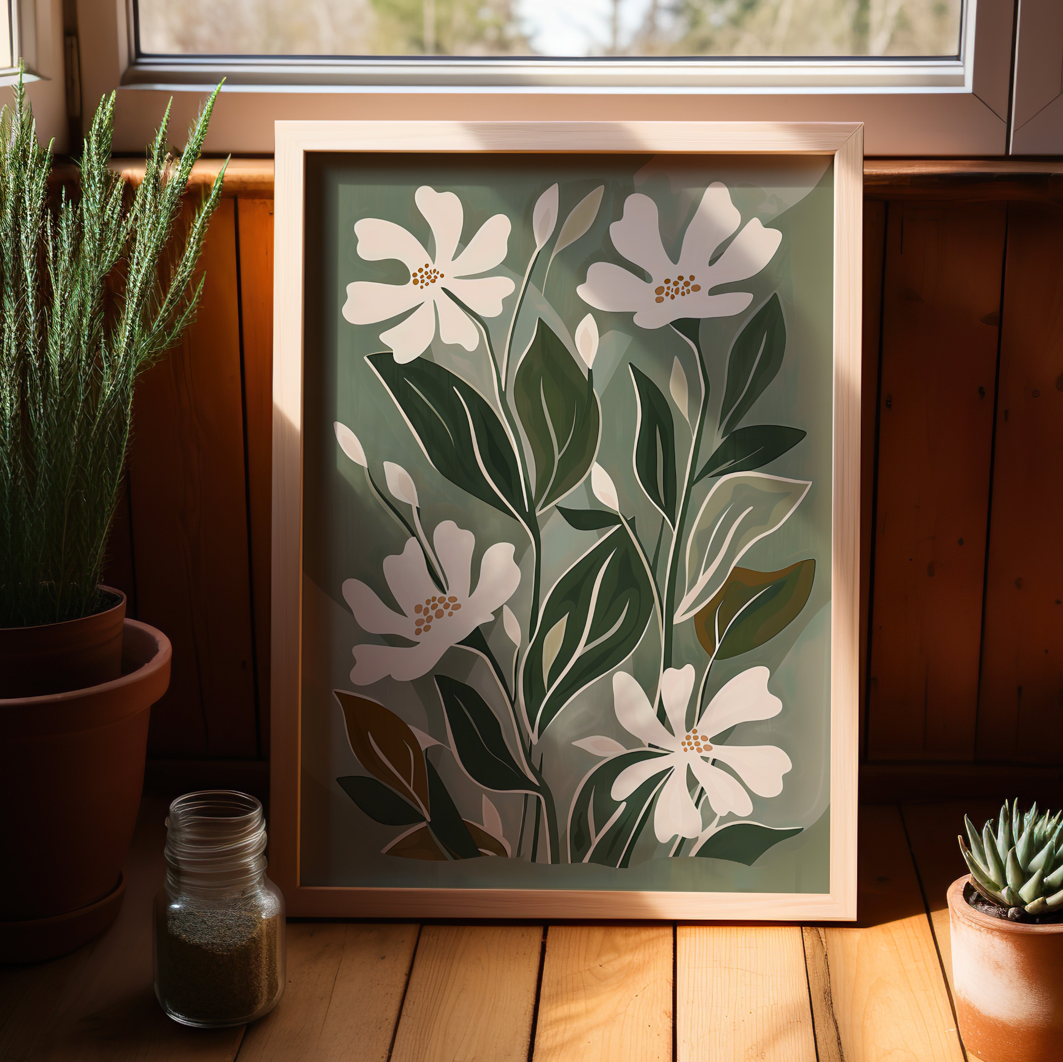 Cream Blooms on Sage Leaves