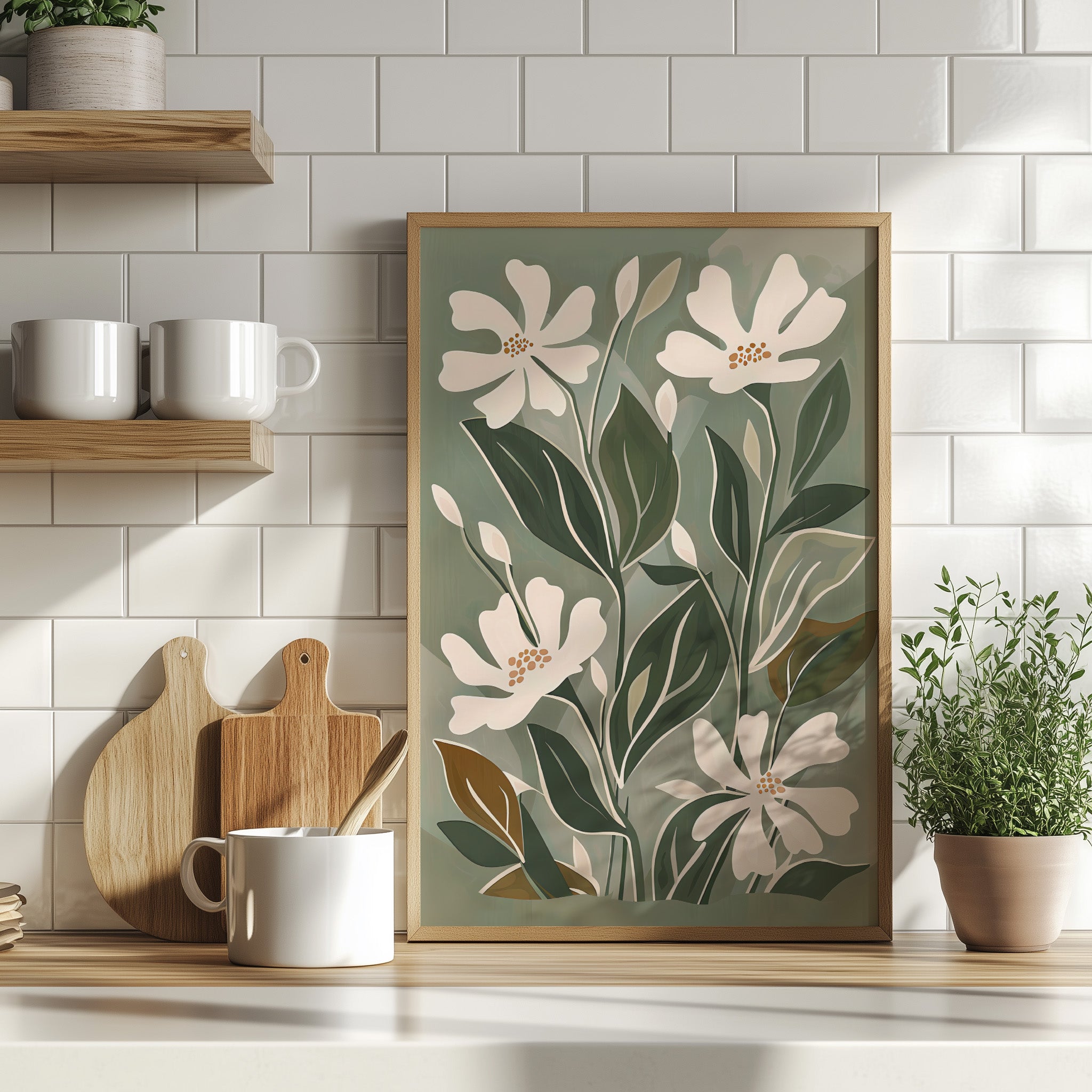 Cream Blooms on Sage Leaves