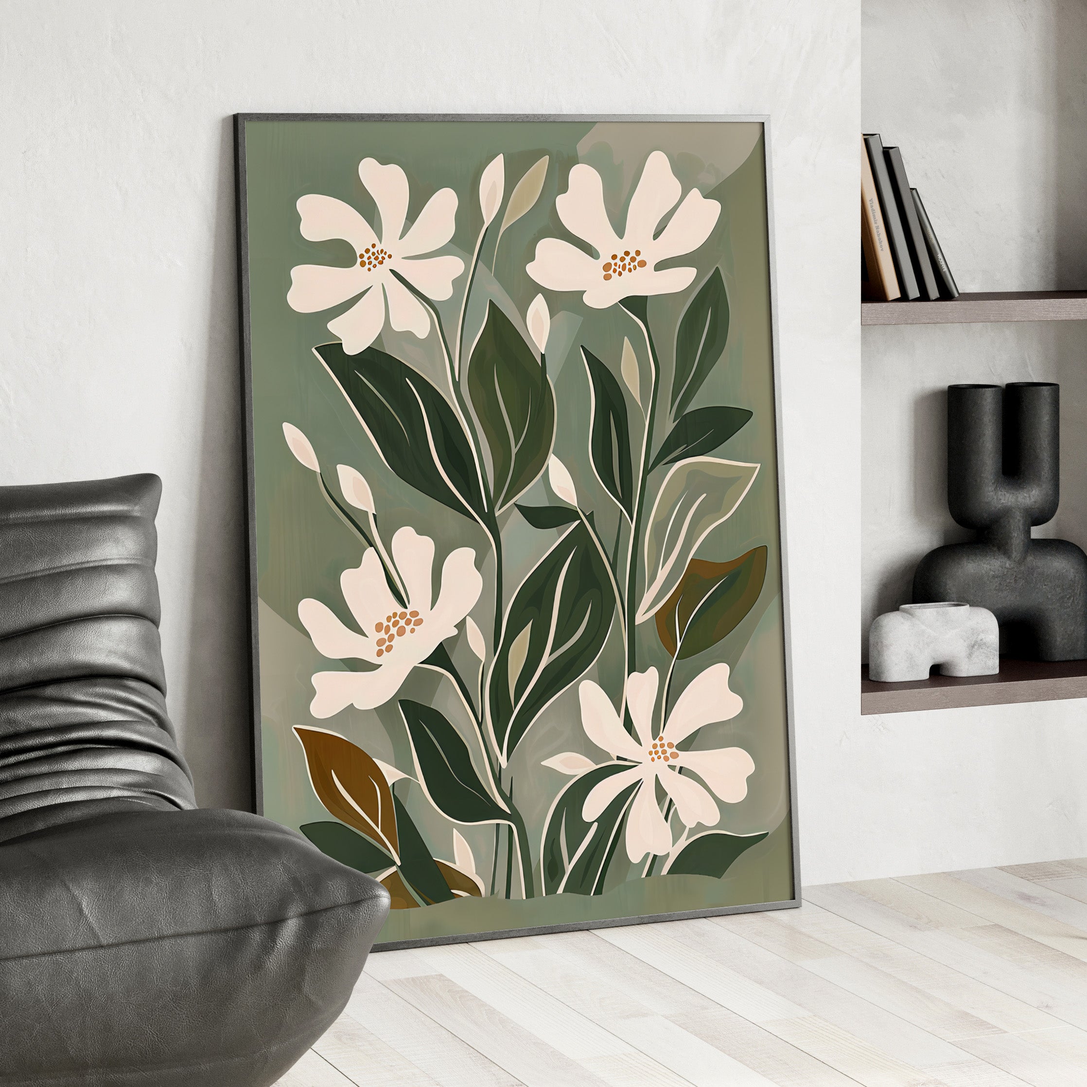 Framed Paper Print - Cream Blooms on Sage Leaves