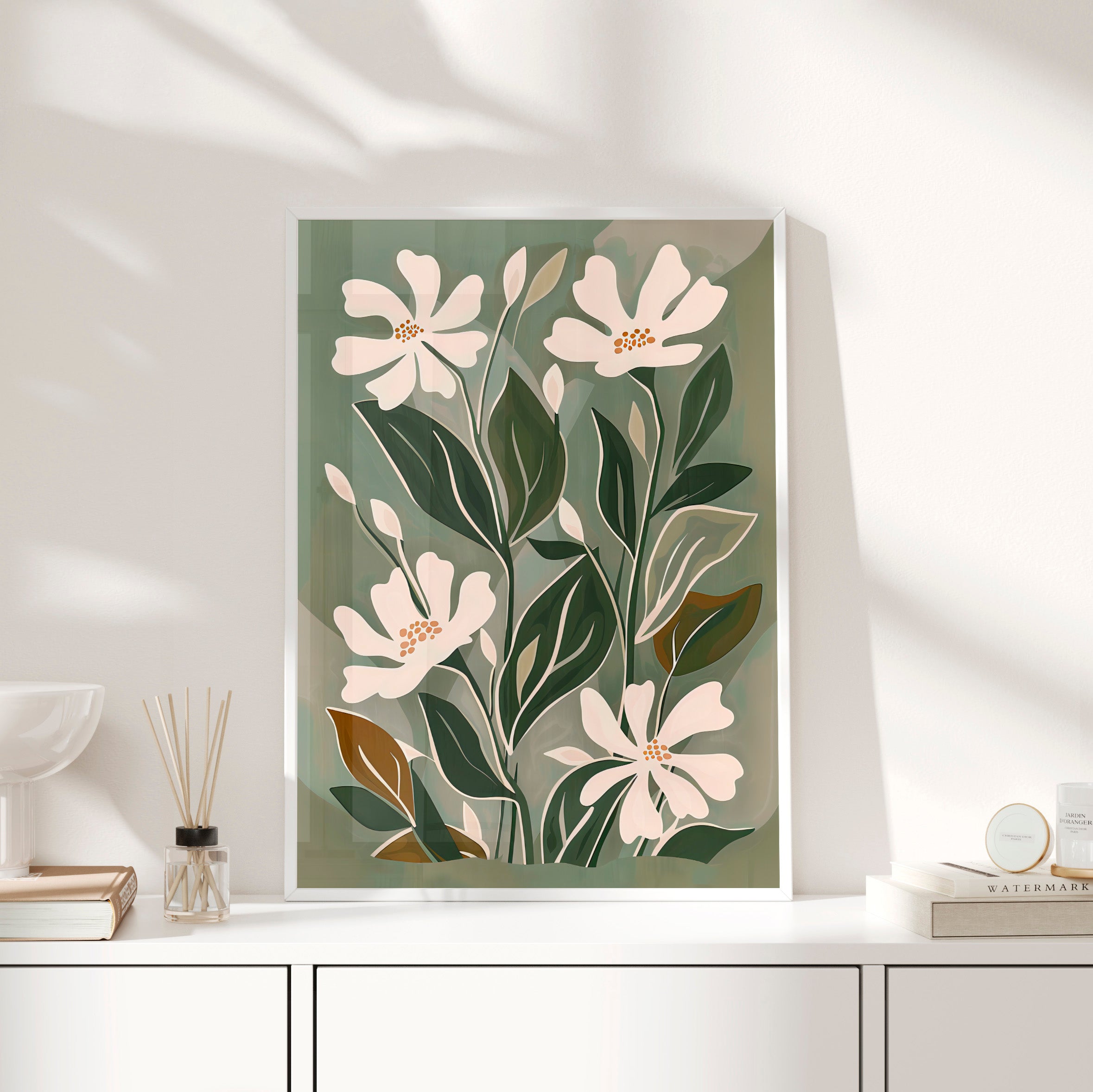 Framed Paper Print - Cream Blooms on Sage Leaves