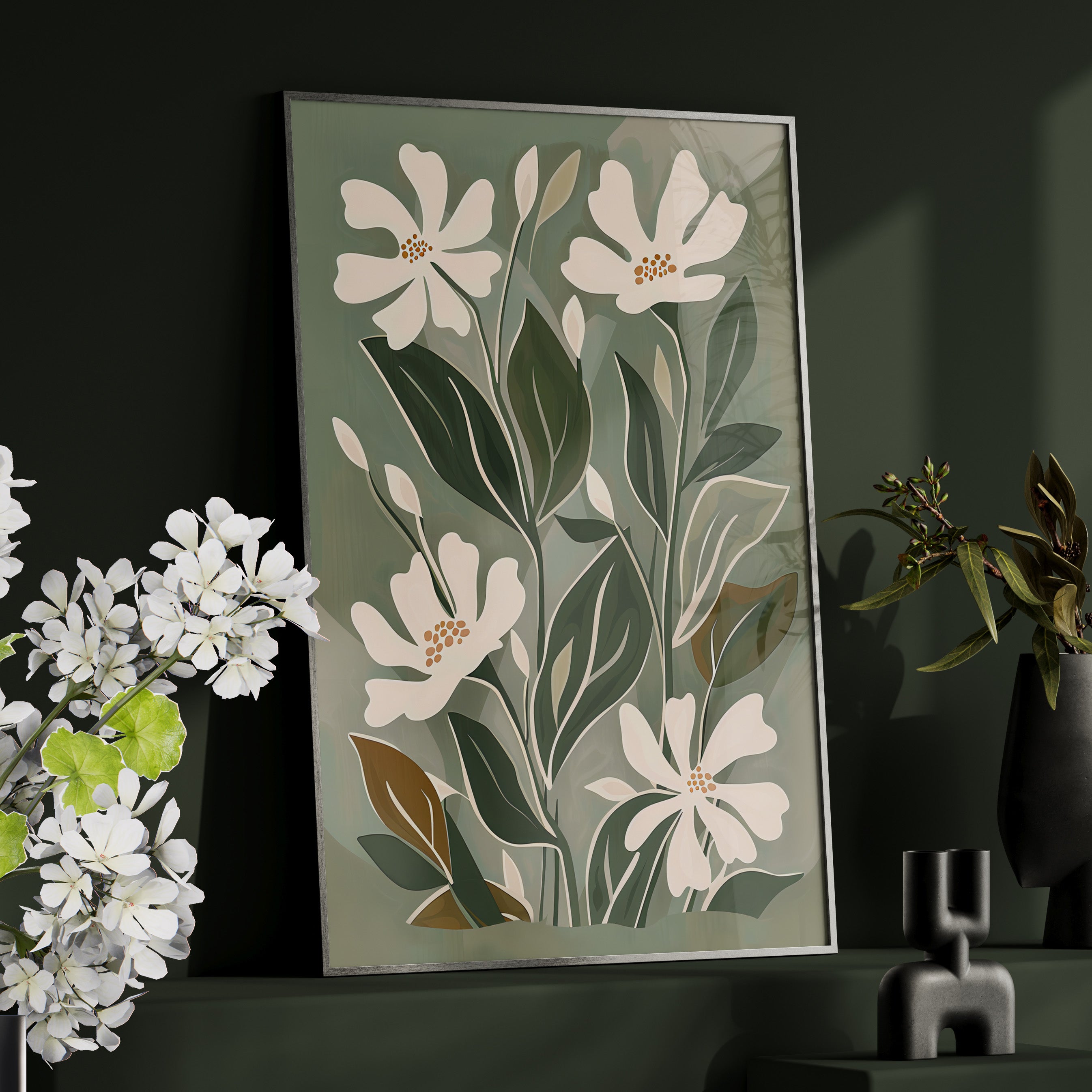 Framed Paper Print - Cream Blooms on Sage Leaves