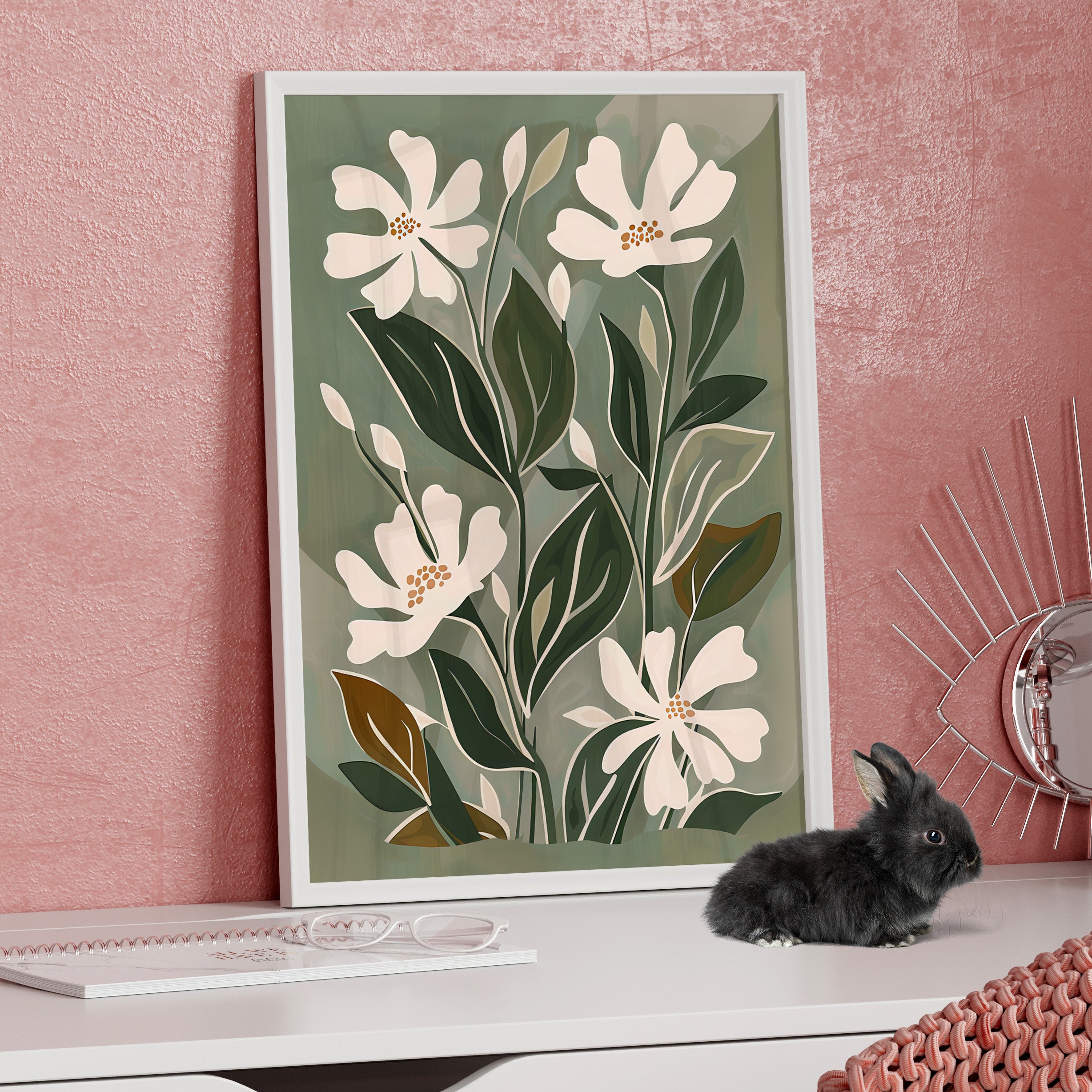 Framed Paper Print - Cream Blooms on Sage Leaves