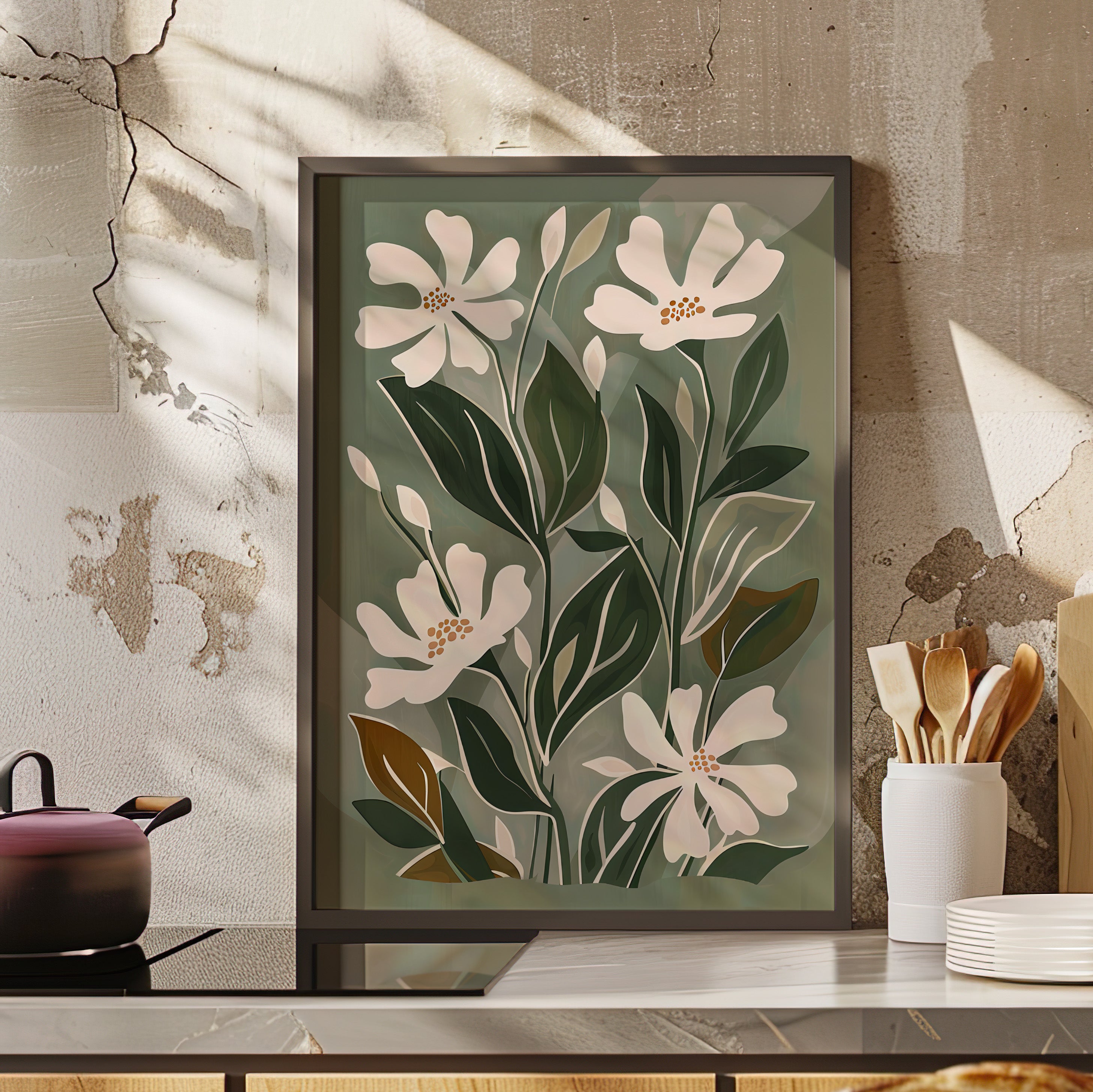 Framed Paper Print - Cream Blooms on Sage Leaves