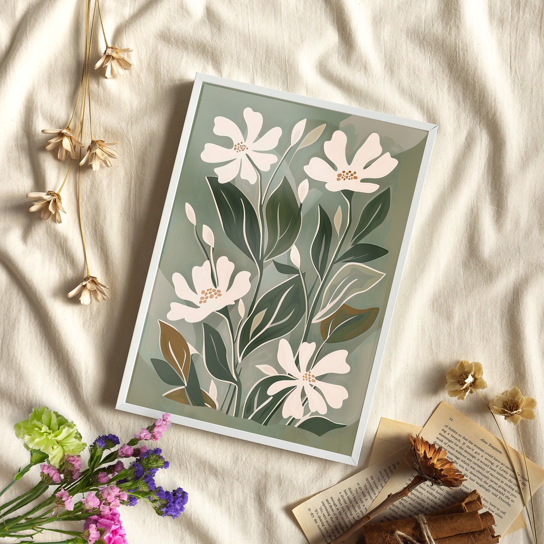 Framed Paper Print - Cream Blooms on Sage Leaves