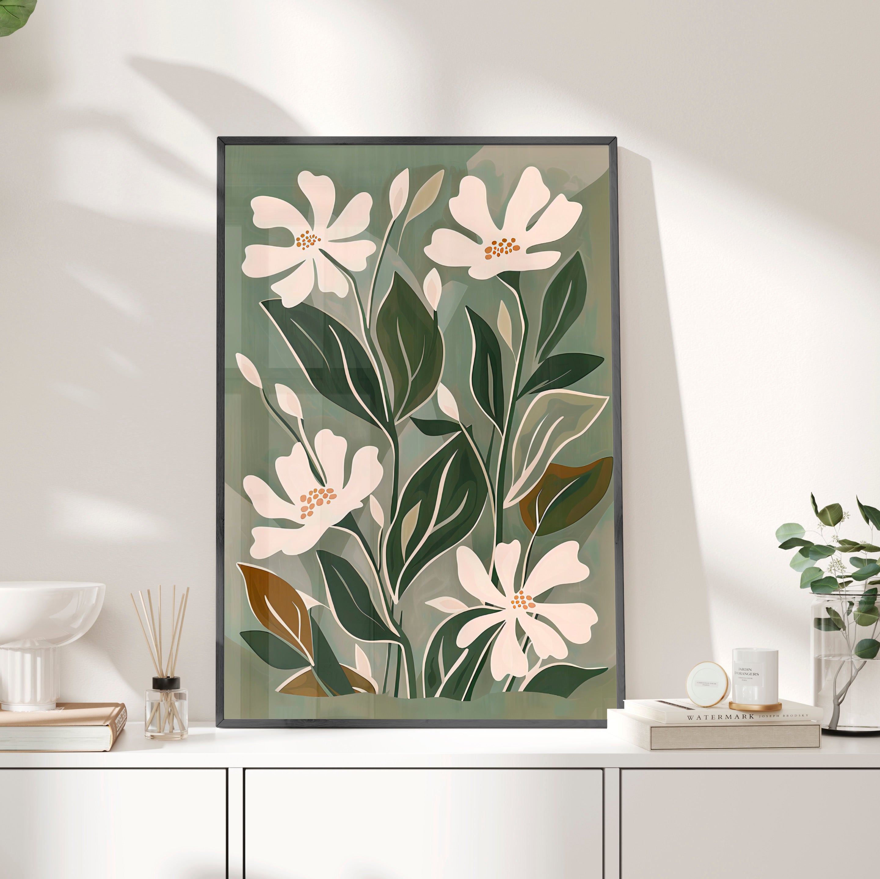 Framed Paper Print - Cream Blooms on Sage Leaves
