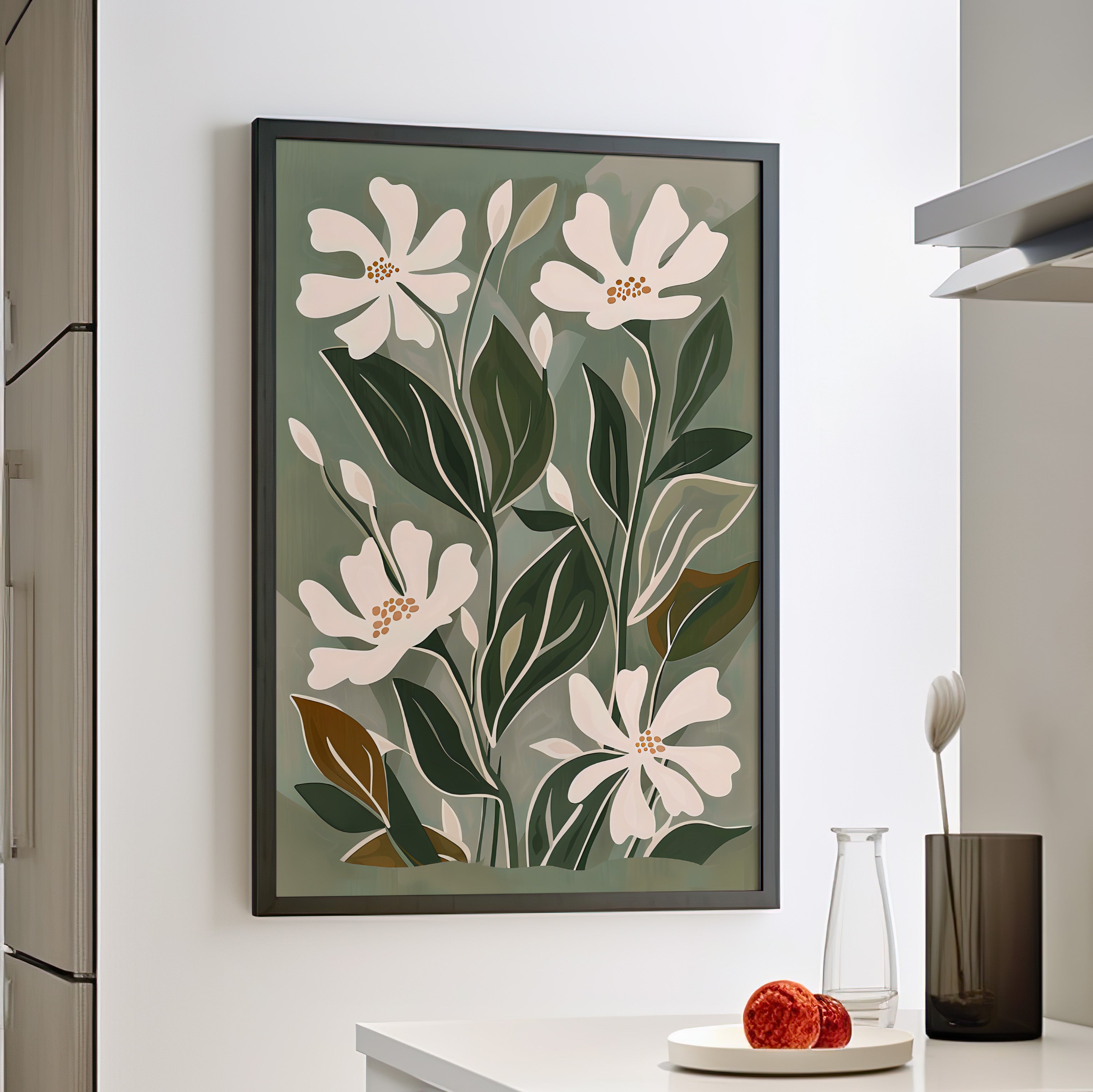 Framed Paper Print - Cream Blooms on Sage Leaves