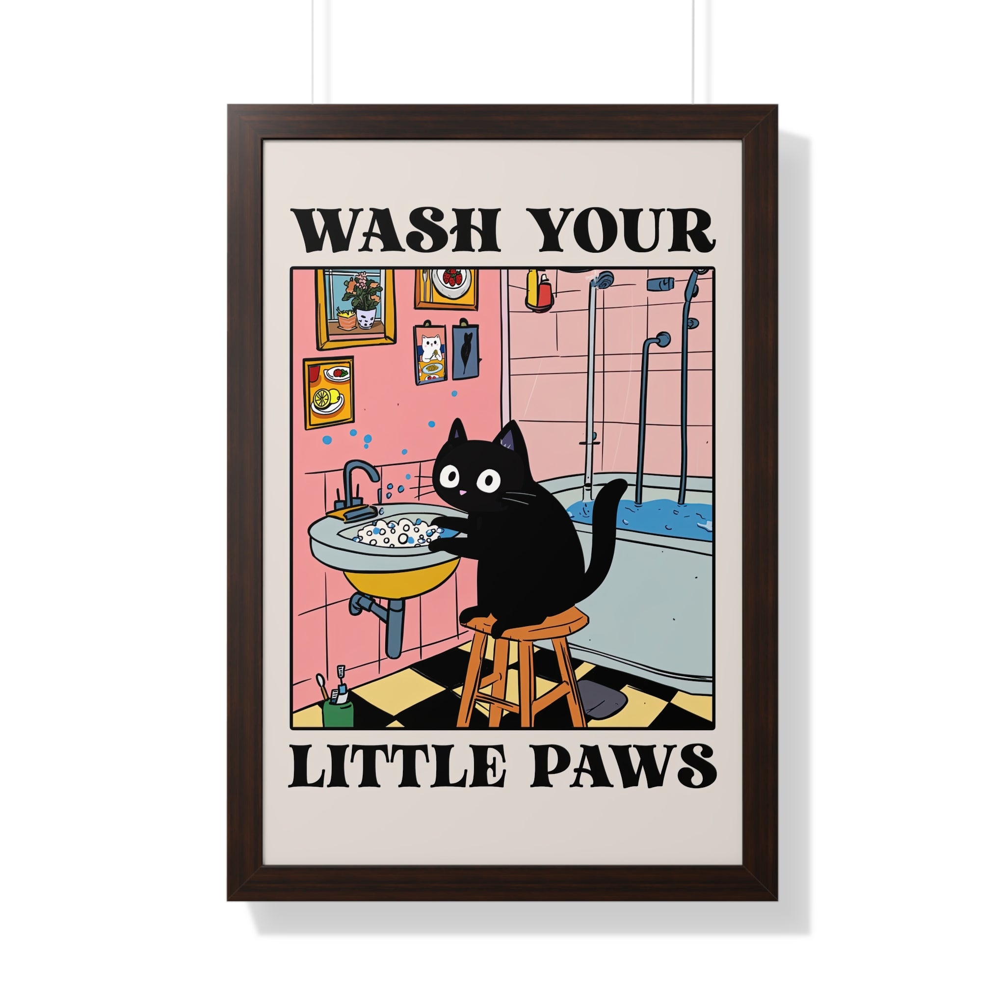 Framed Paper Print - Wash Your Little Paws Cat