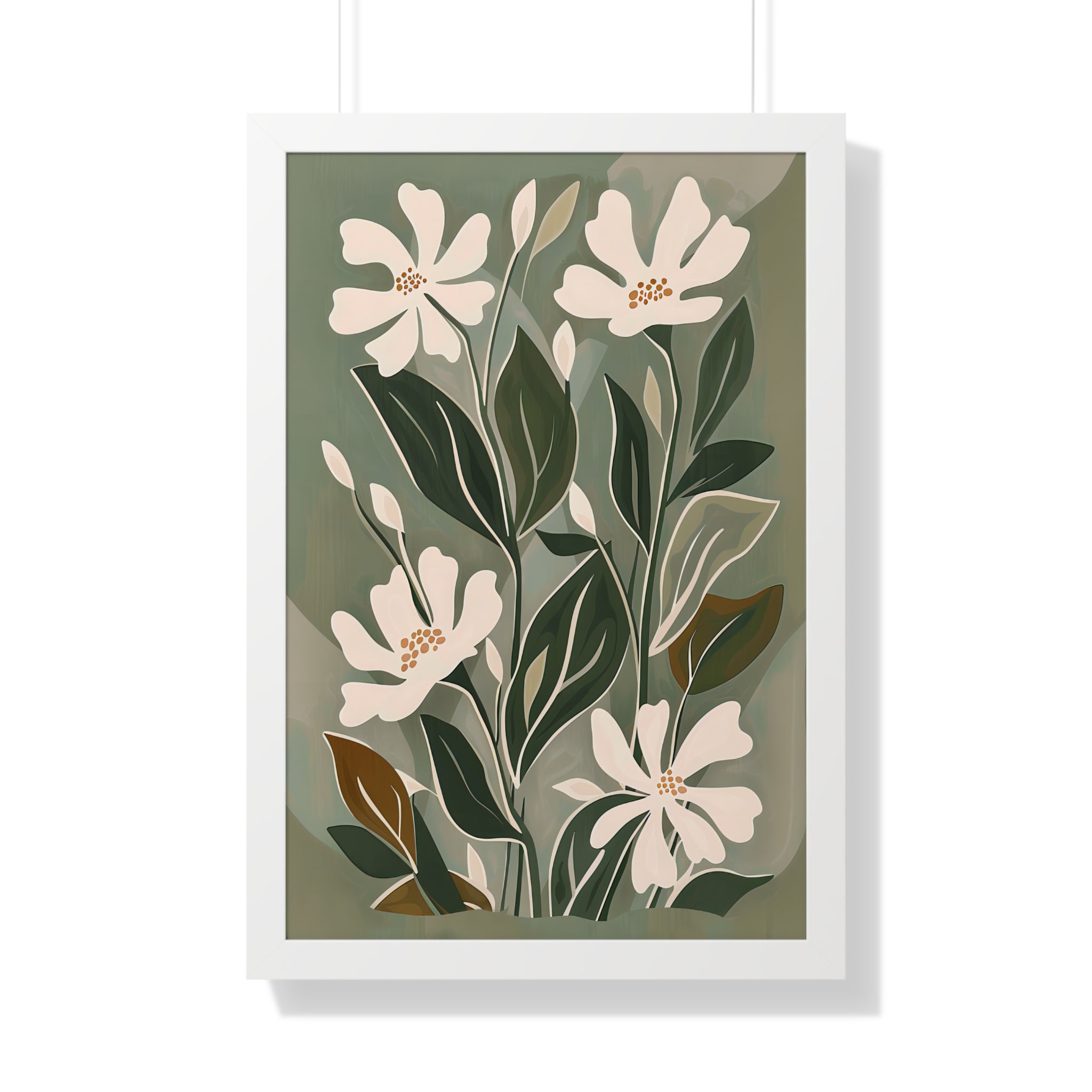 Framed Paper Print - Cream Blooms on Sage Leaves