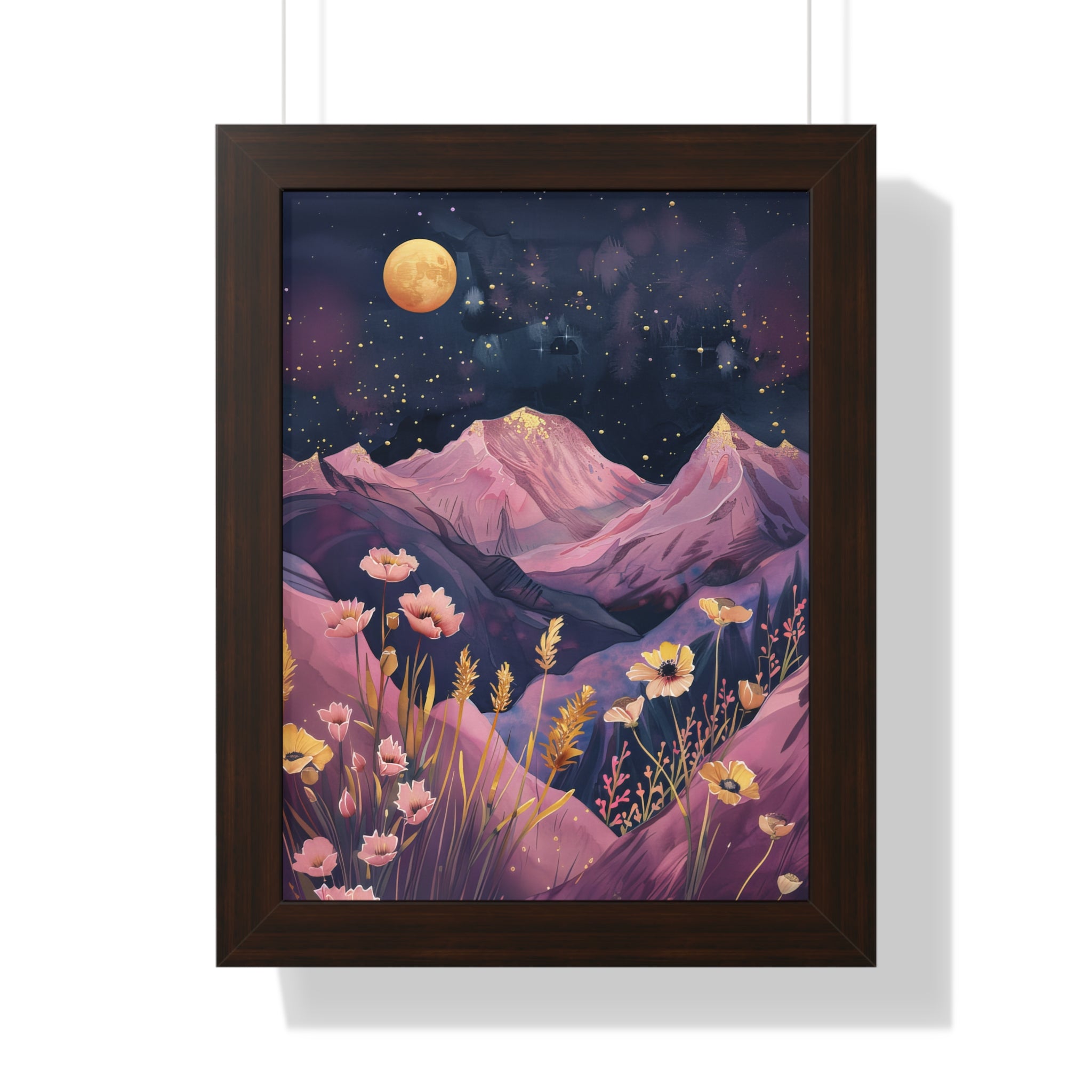 Framed Paper Print - Golden Moon Over Lavender Peaks