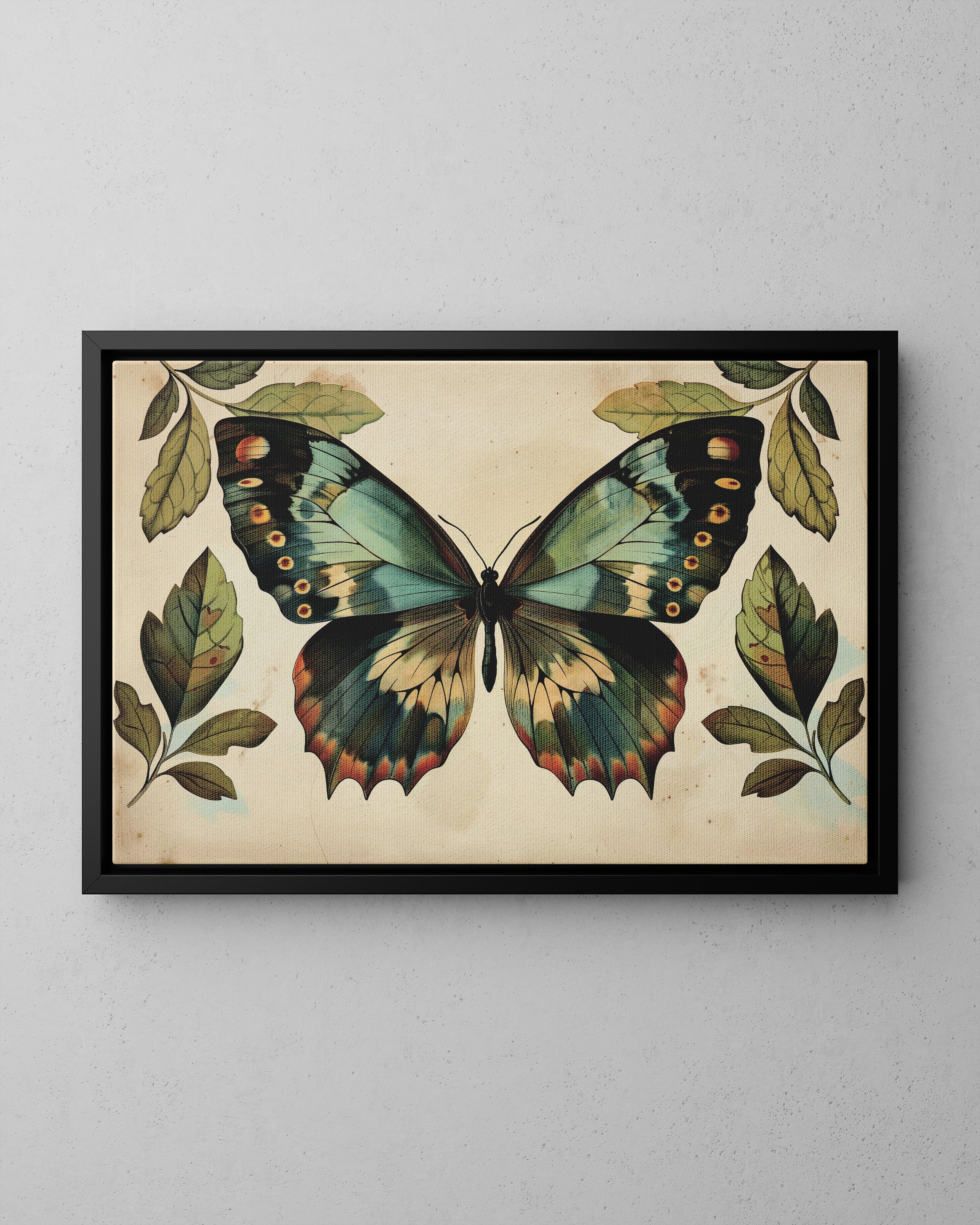 Framed Canvas - Vintage Iridescent Butterfly Bloom