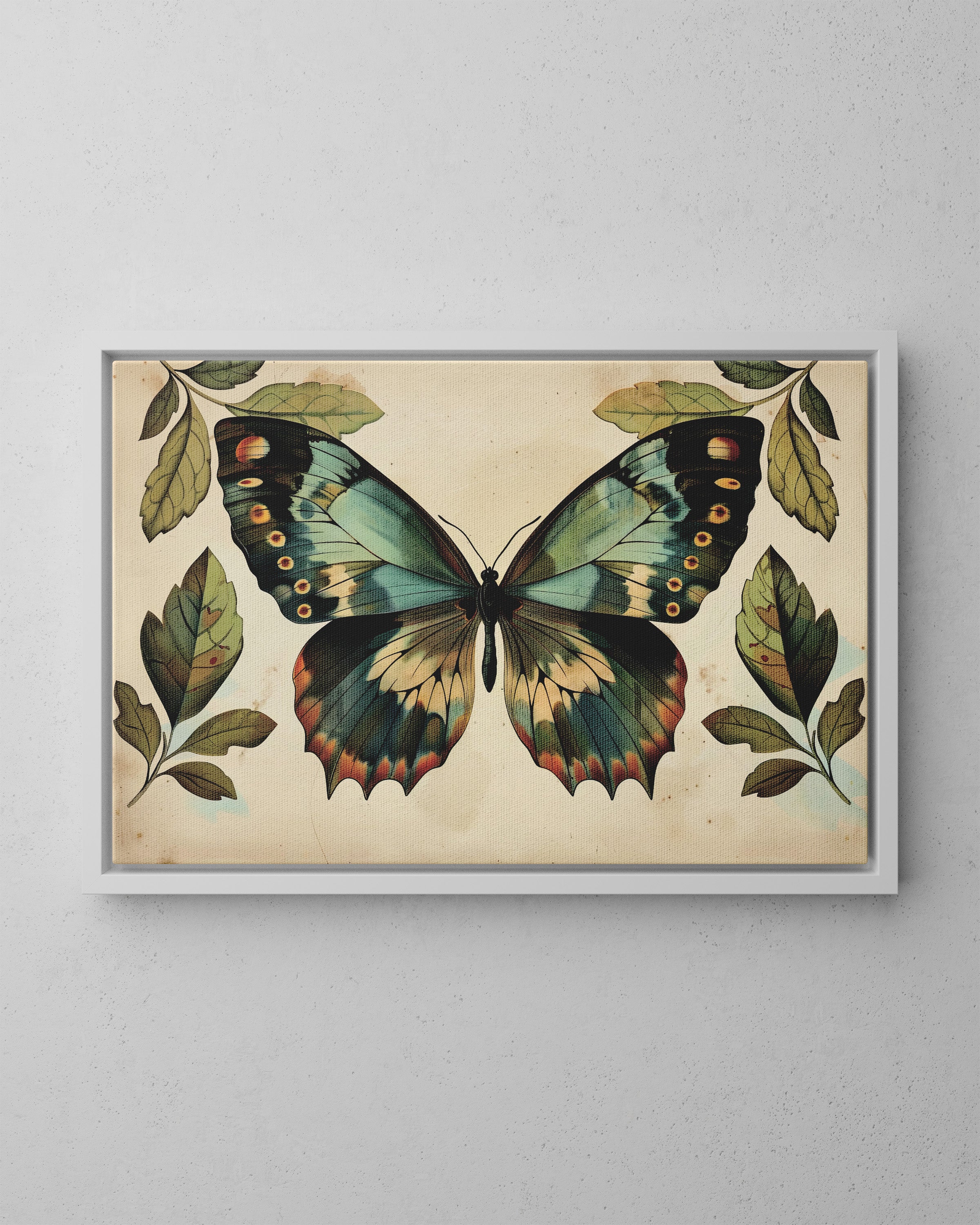 Framed Canvas - Vintage Iridescent Butterfly Bloom