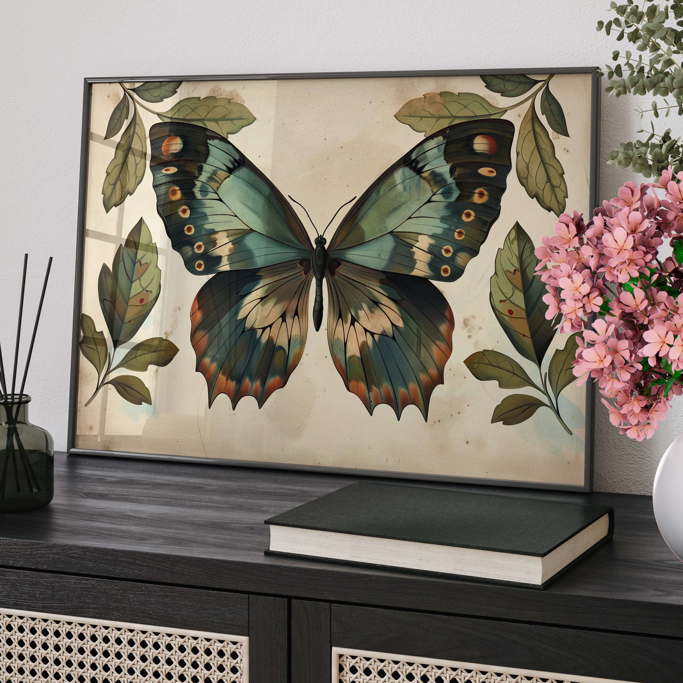 Framed Paper Print - Vintage Iridescent Butterfly Bloom