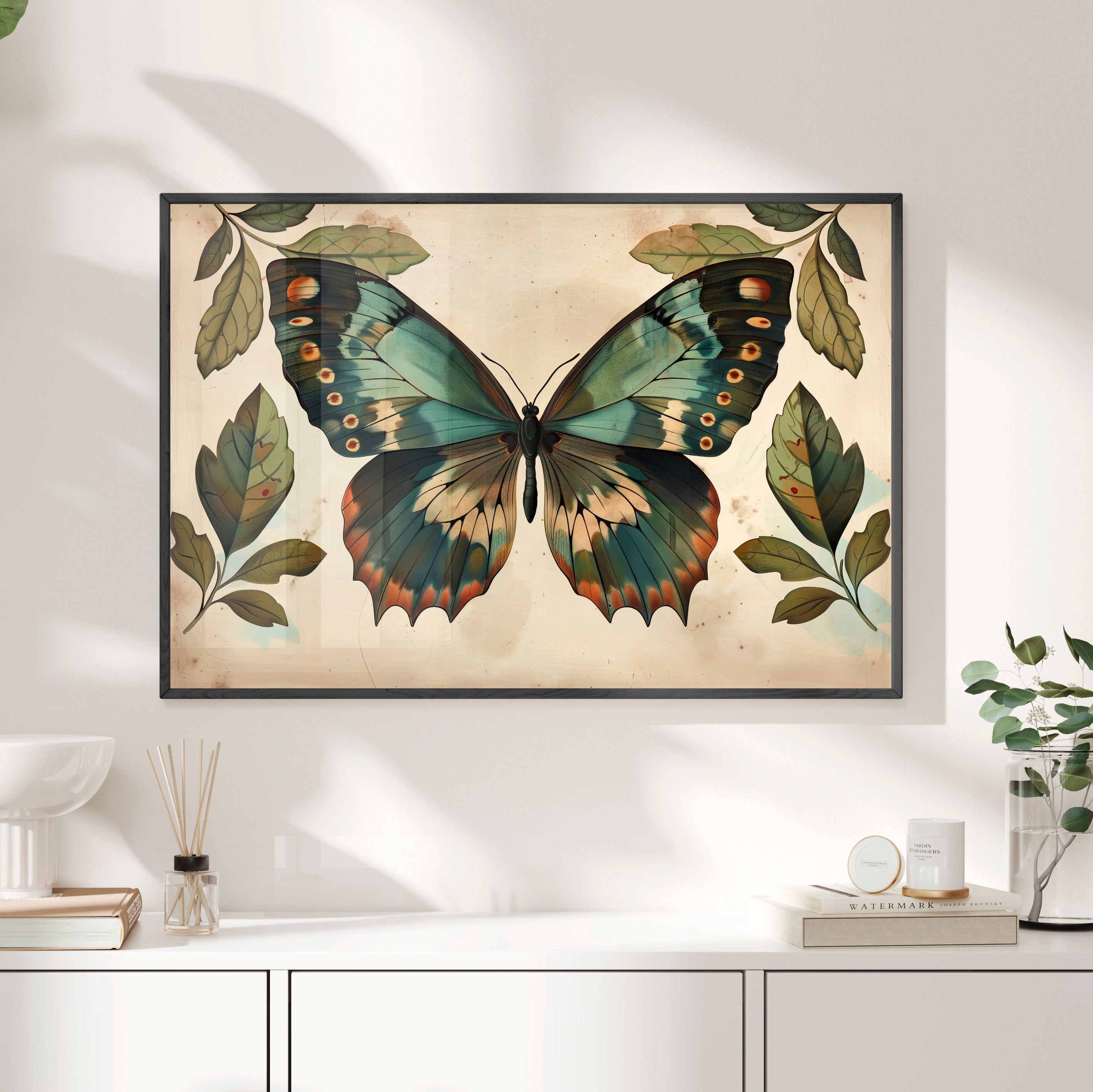 Framed Paper Print - Vintage Iridescent Butterfly Bloom