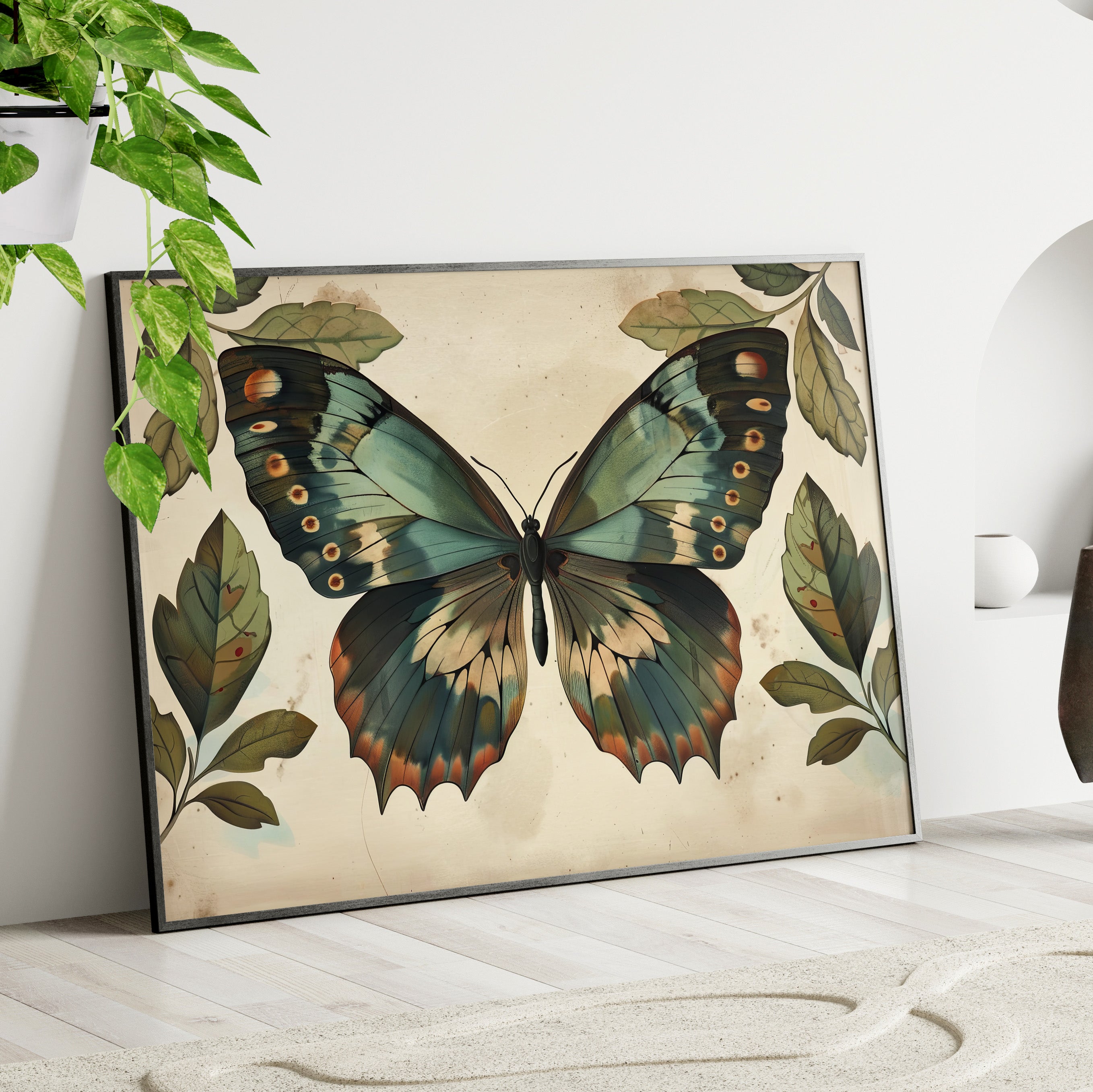 Framed Paper Print - Vintage Iridescent Butterfly Bloom
