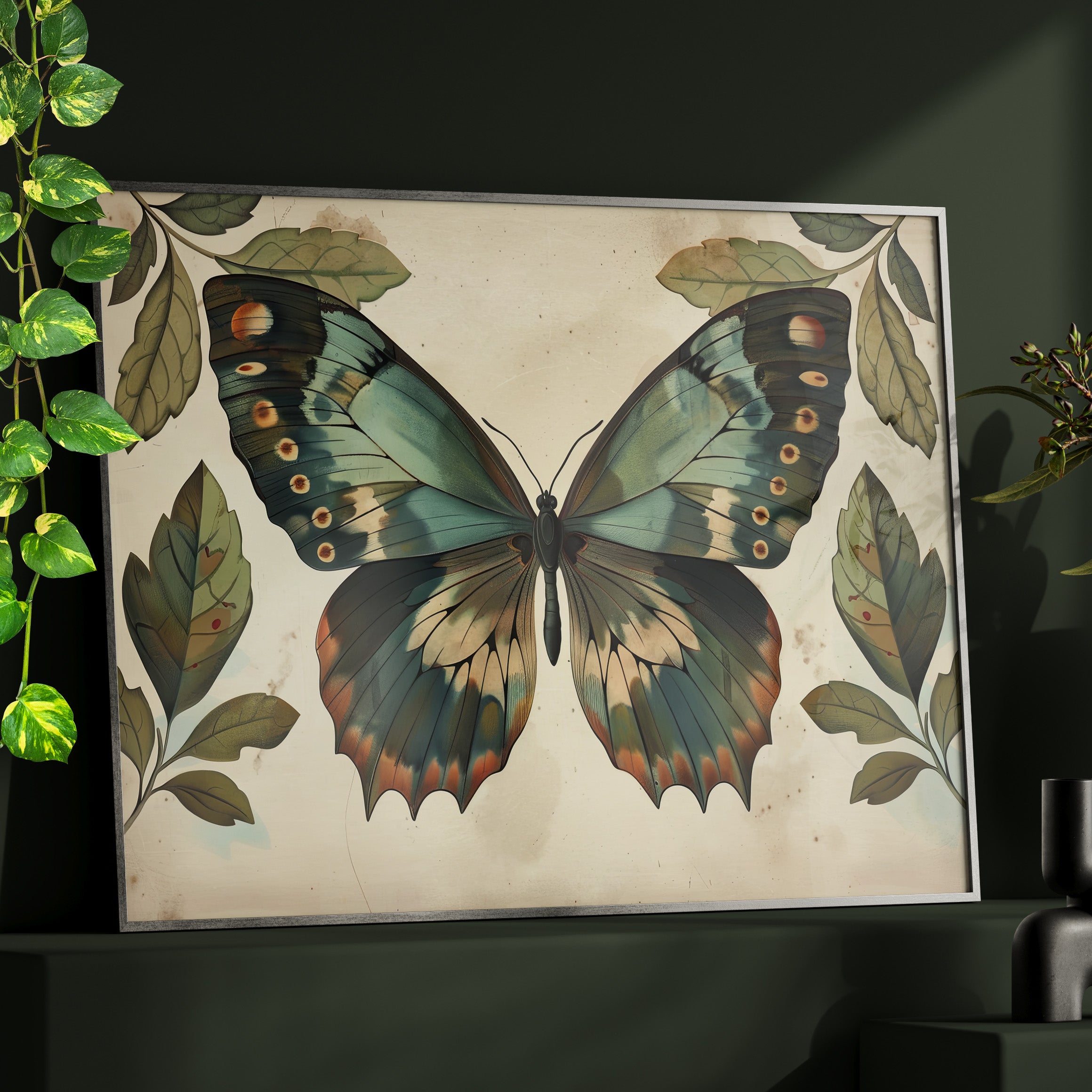Framed Paper Print - Vintage Iridescent Butterfly Bloom