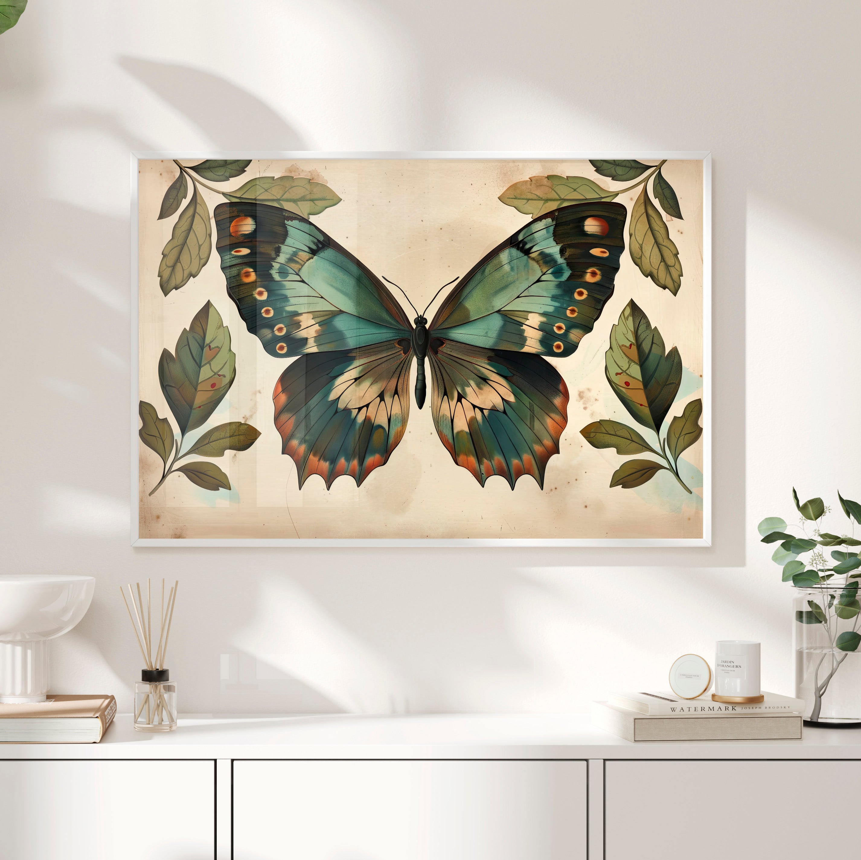 Framed Paper Print - Vintage Iridescent Butterfly Bloom