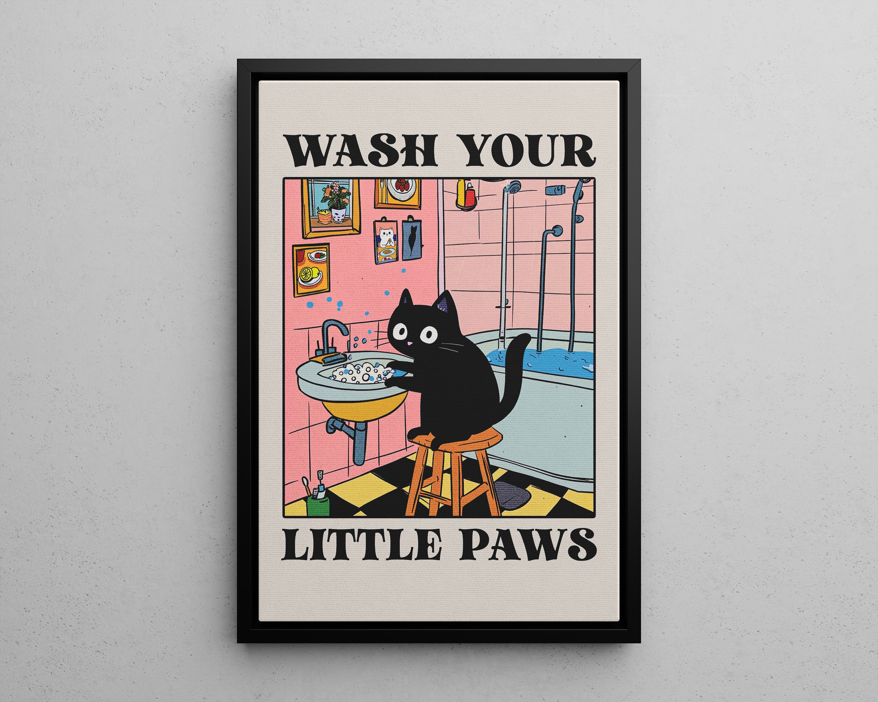 Framed Canvas - Wash Your Little Paws Cat