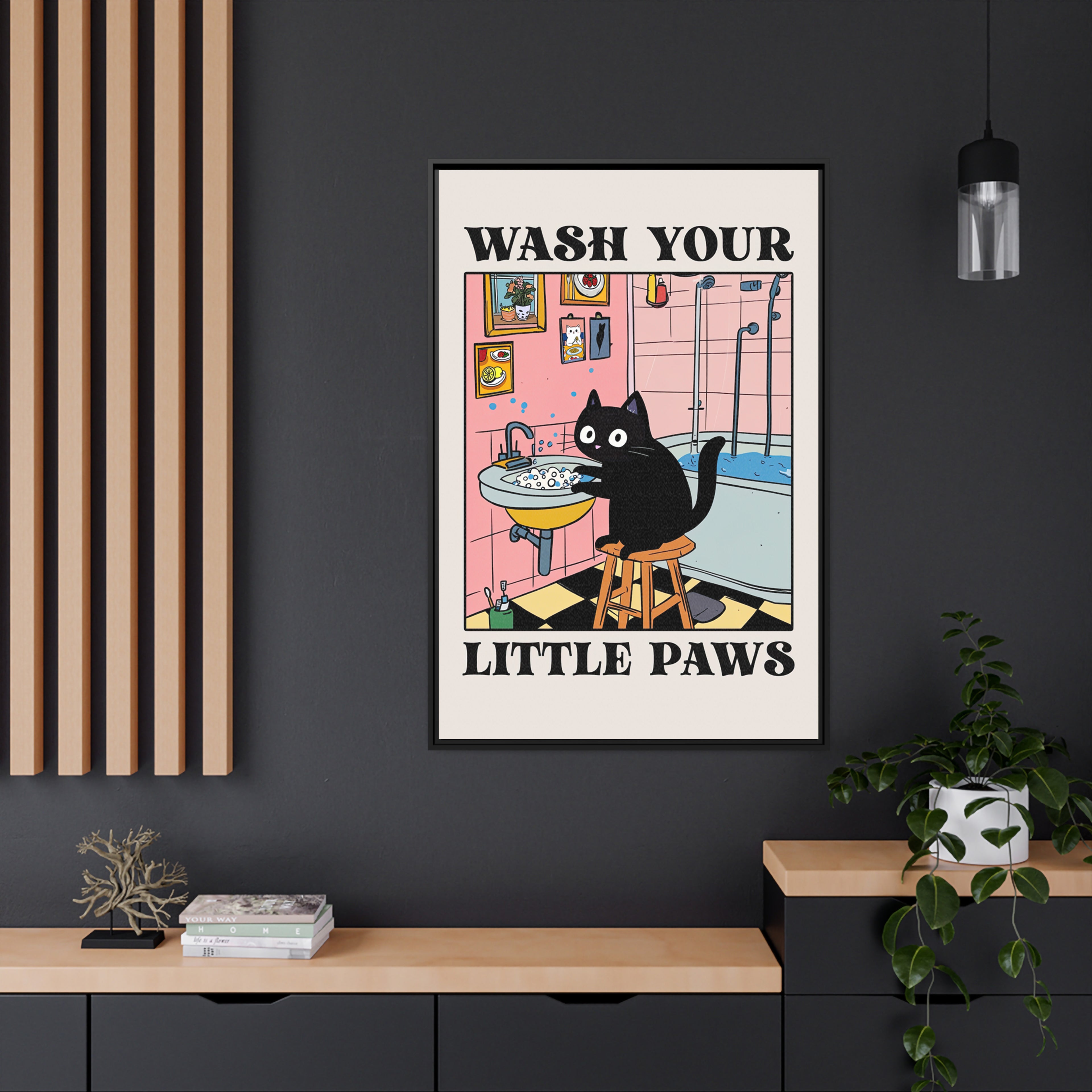 Framed Canvas - Wash Your Little Paws Cat