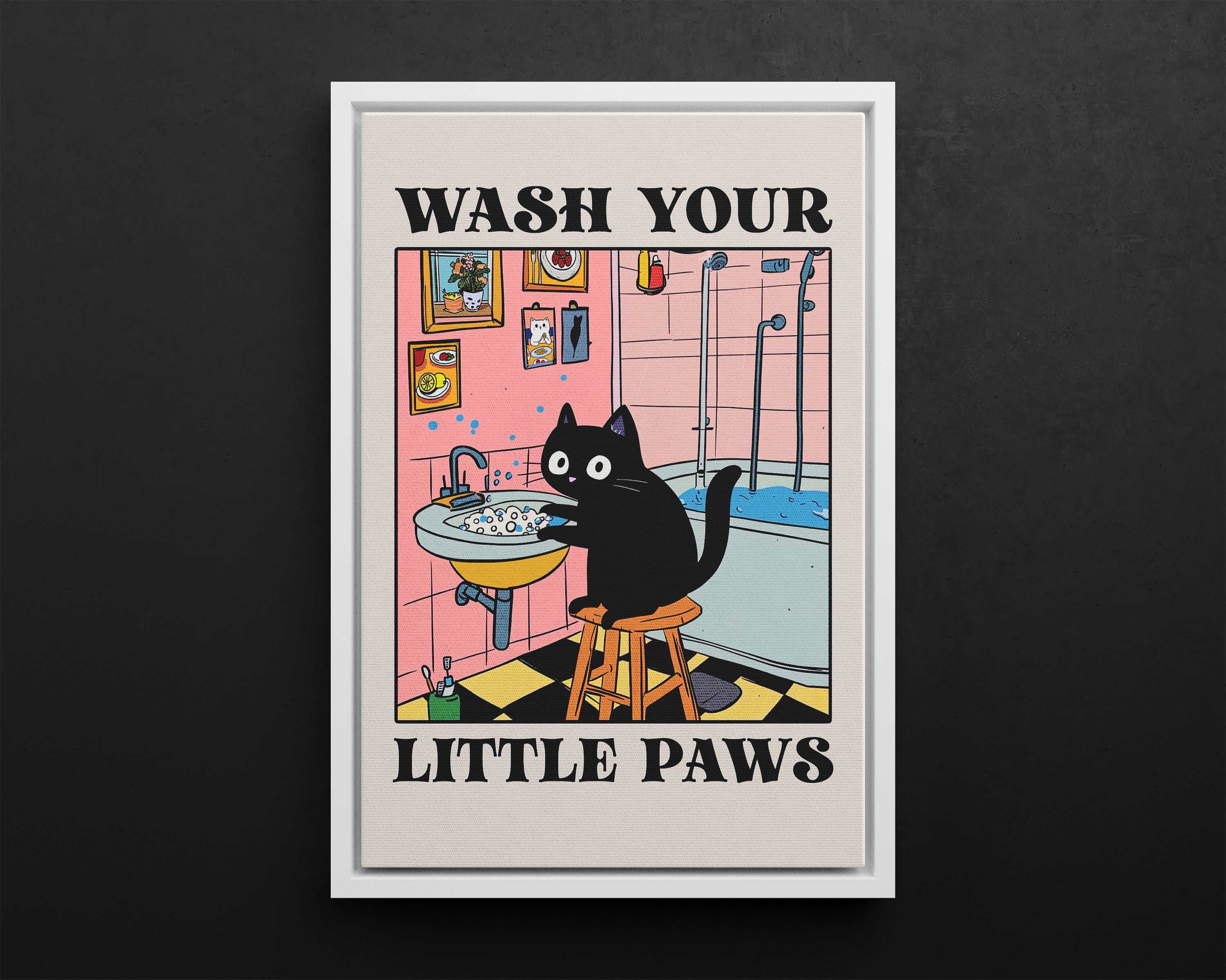 Framed Canvas - Wash Your Little Paws Cat