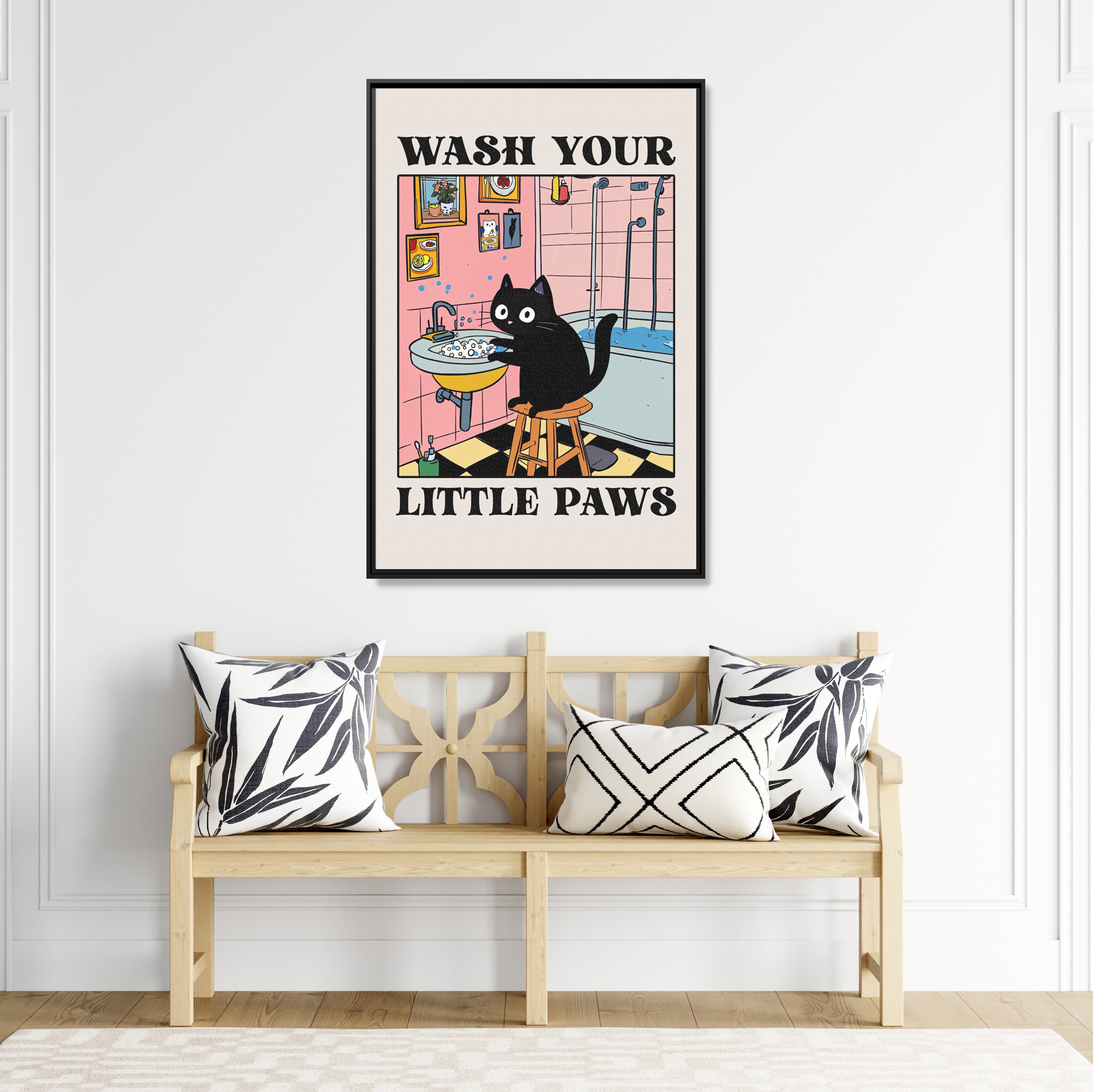 Framed Canvas - Wash Your Little Paws Cat