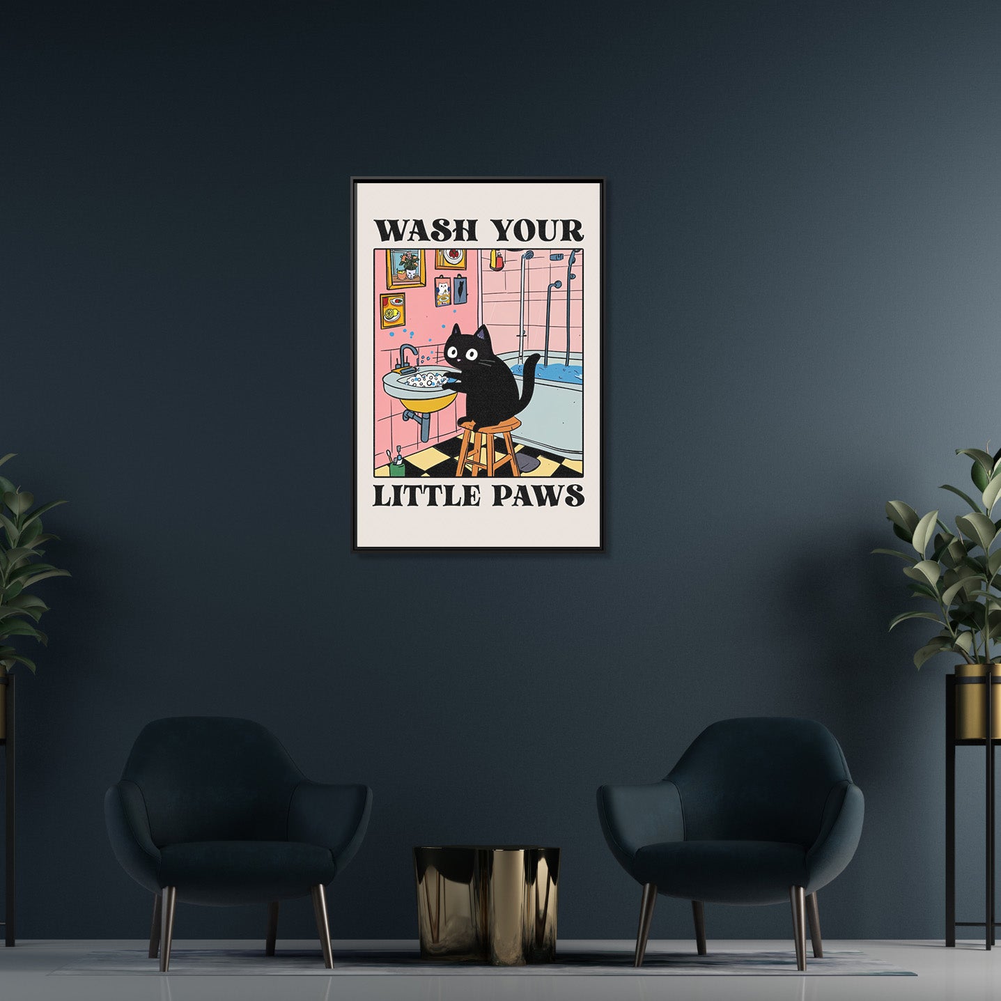 Framed Canvas - Wash Your Little Paws Cat