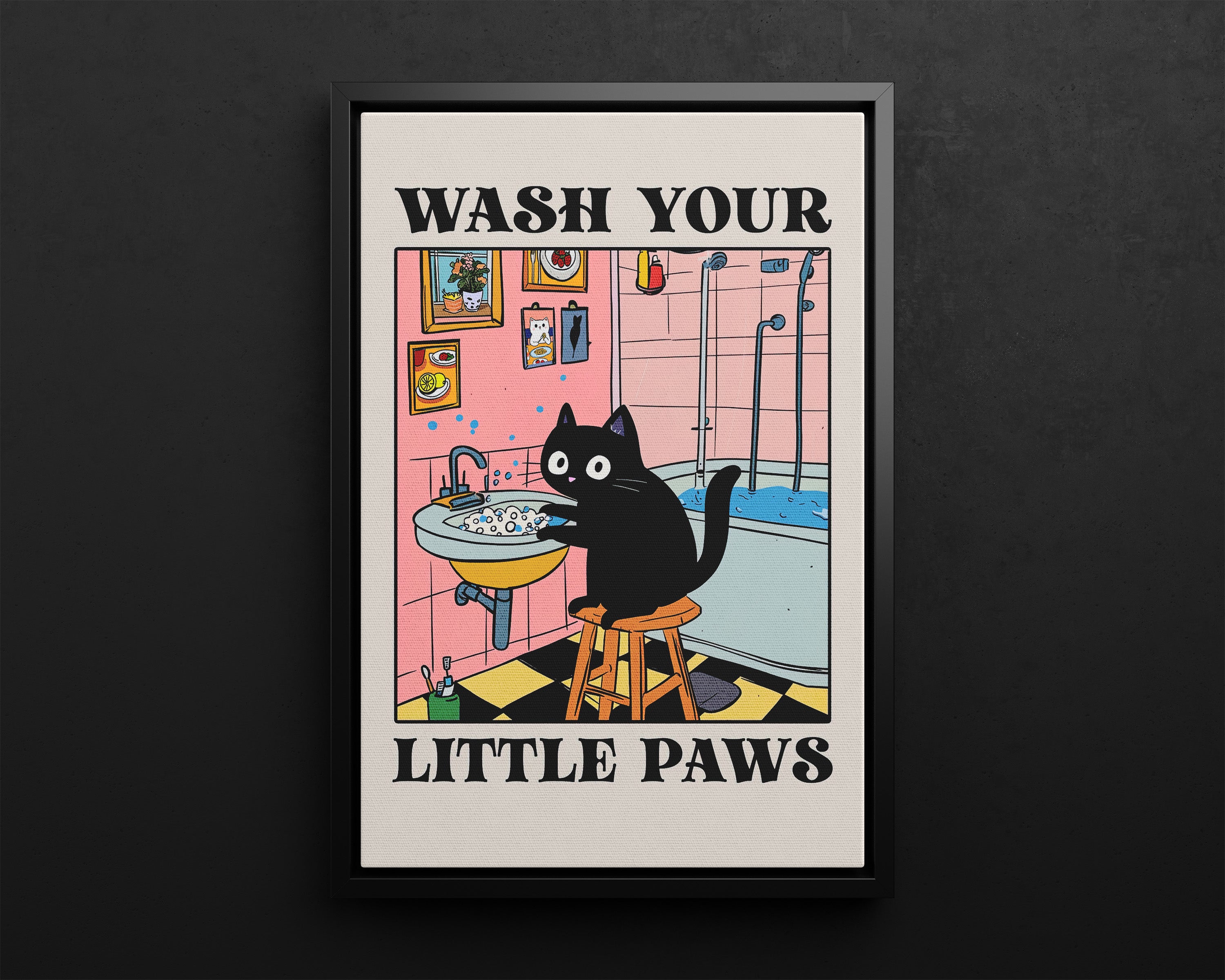 Framed Canvas - Wash Your Little Paws Cat