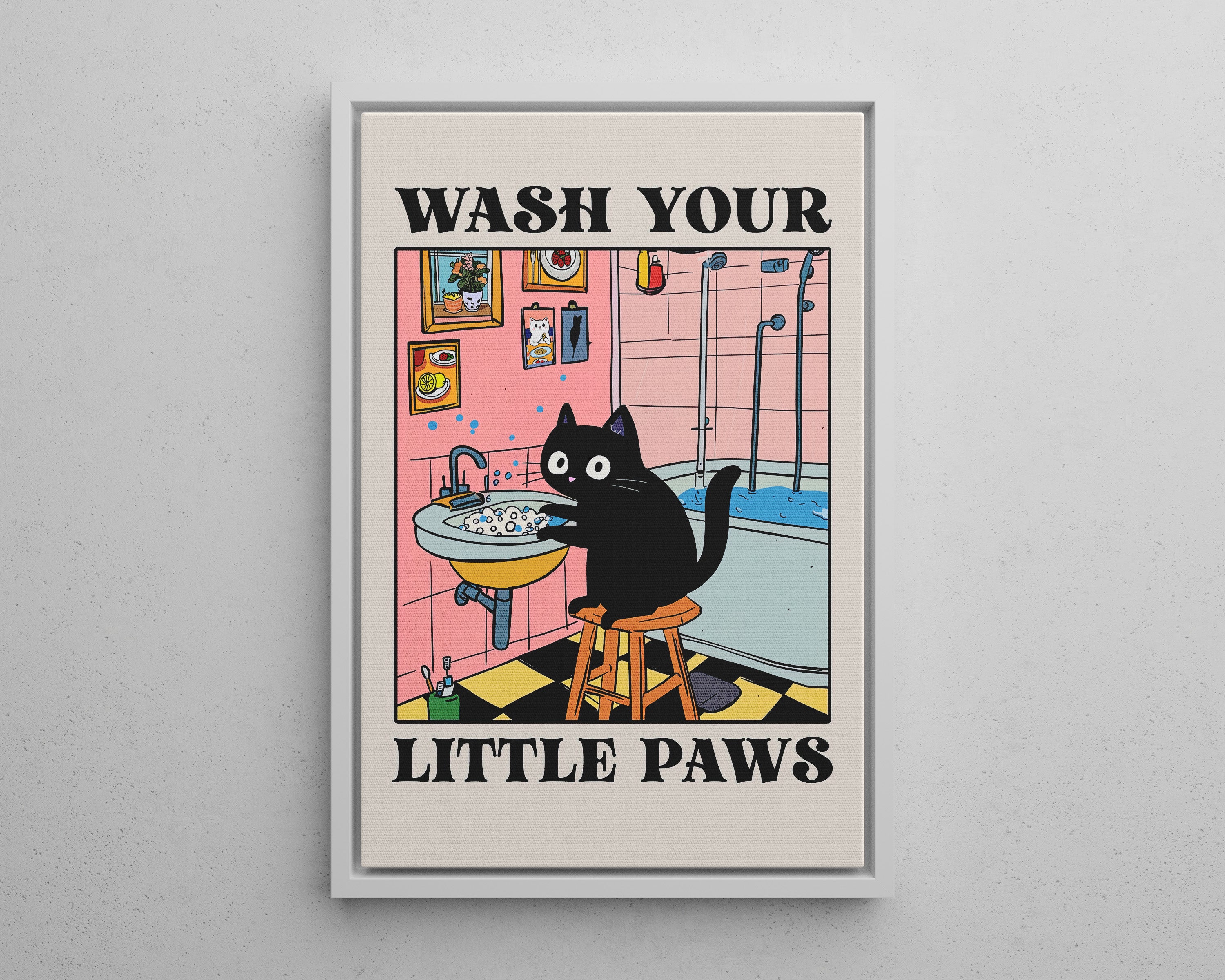 Framed Canvas - Wash Your Little Paws Cat