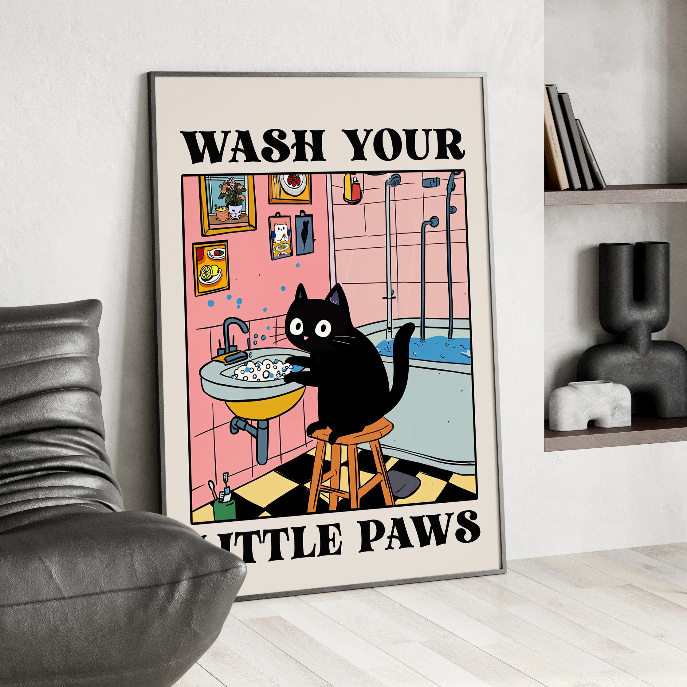 Framed Paper Print - Wash Your Little Paws Cat