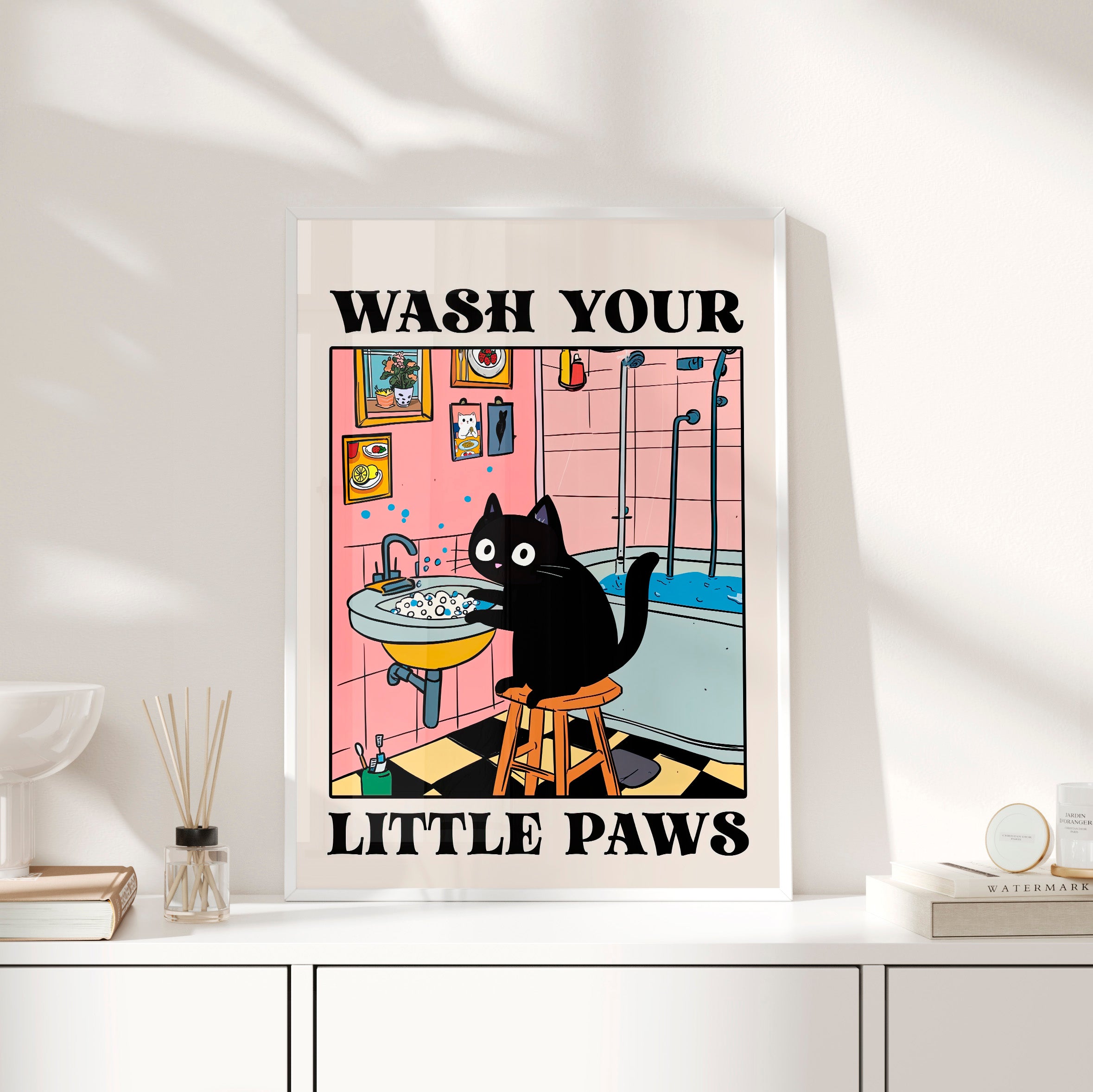 Framed Paper Print - Wash Your Little Paws Cat
